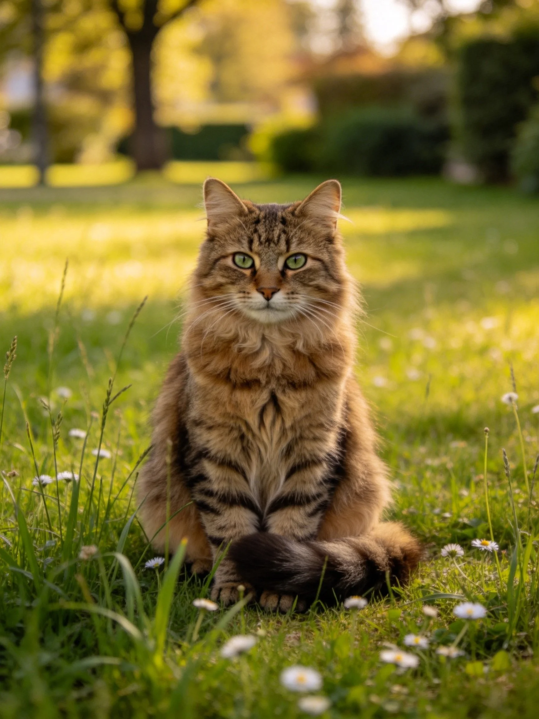 A brown tabby cat sits calmly among flowers in a sunlit meadow.