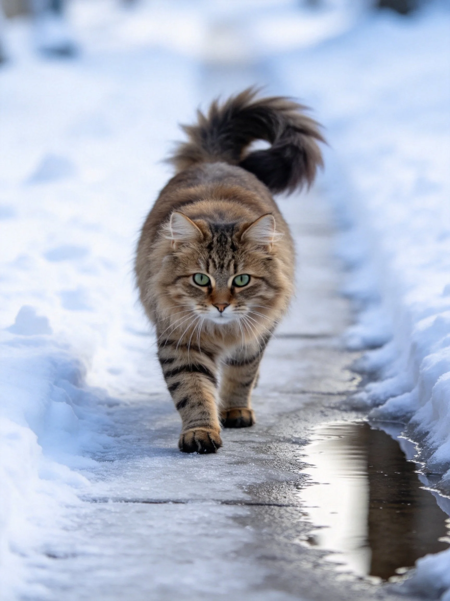A fluffy brown tabby cat navigates a snow-lined icy path.