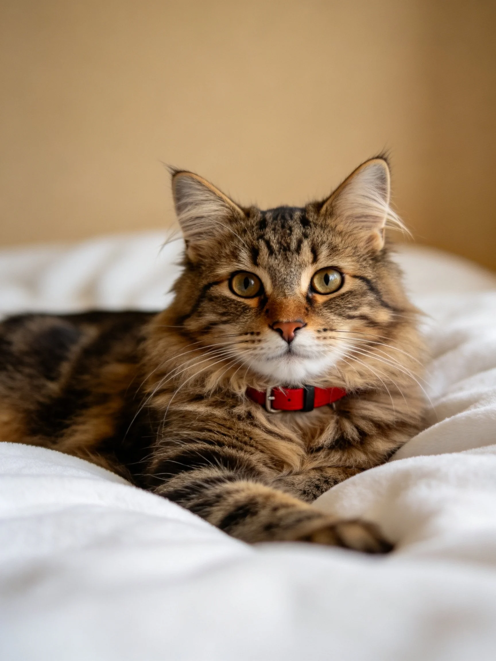 A fluffy brown tabby cat with a red collar relaxes on white bedding