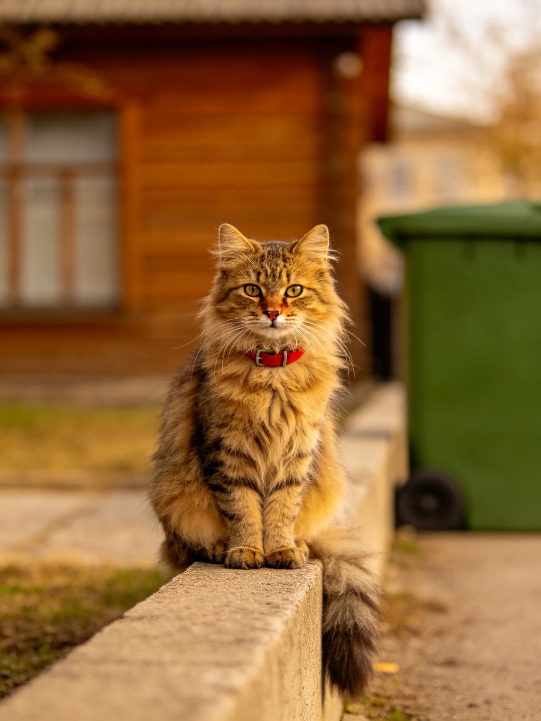 A fluffy brown tabby cat with a red collar sits on a concrete ledge beside a wooden house.