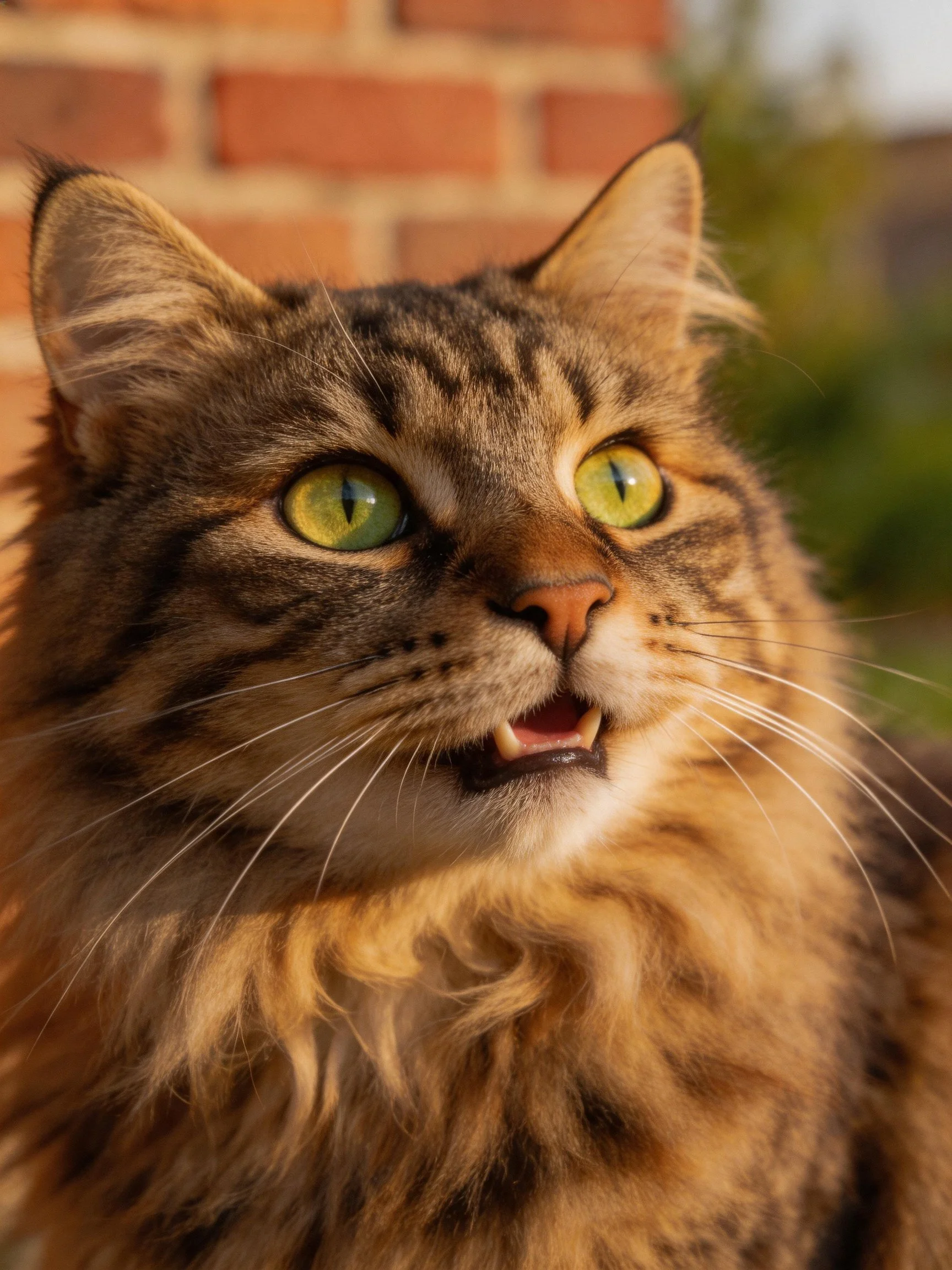A fluffy brown tabby cat with bright green eyes gazes toward a brick wall.