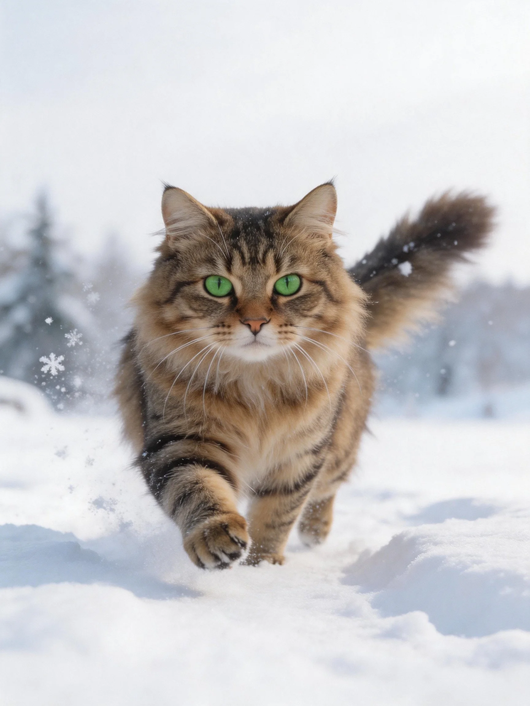 A fluffy brown tabby cat runs through fresh snow.