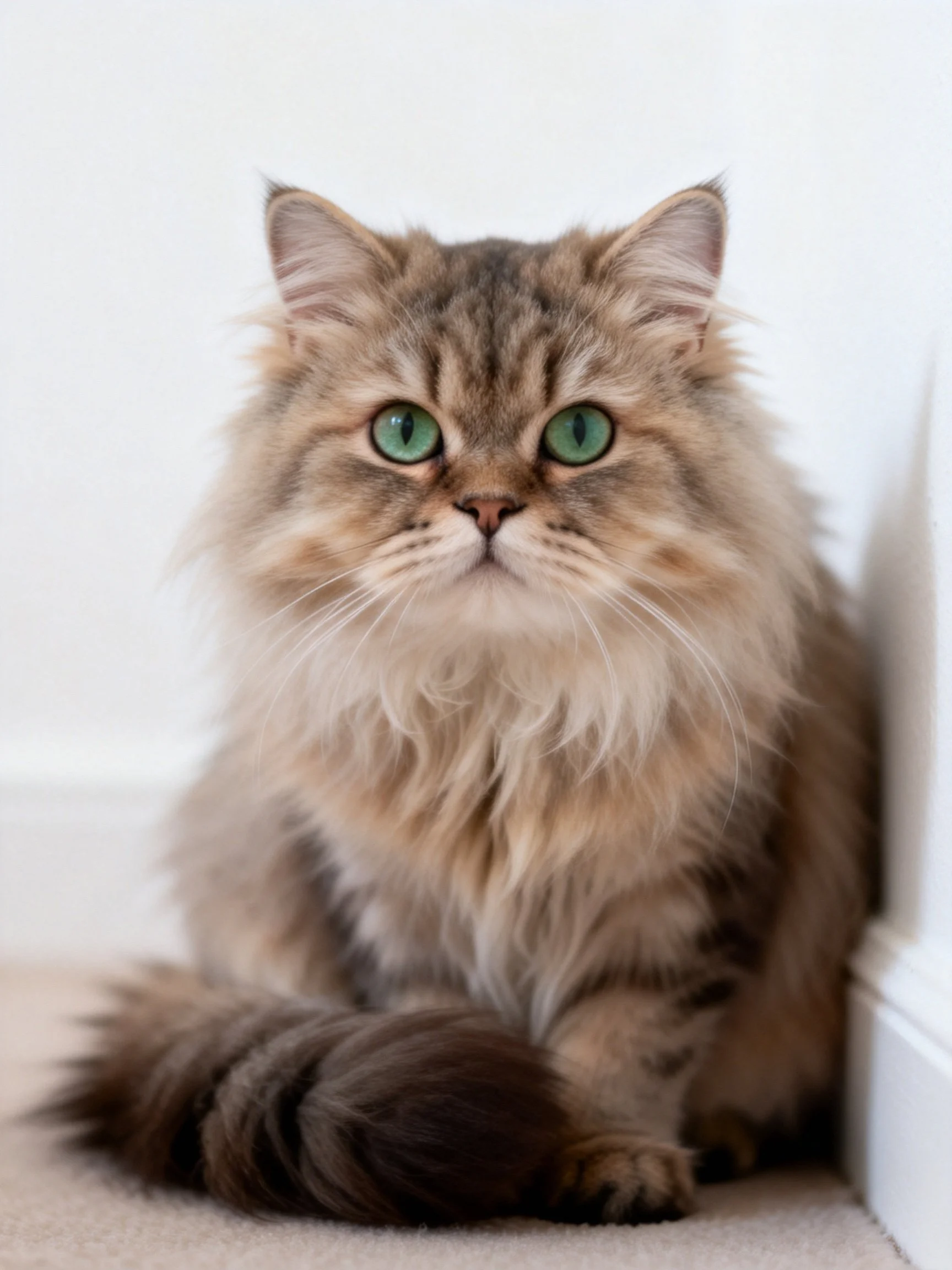 A fluffy brown tabby cat with bright green eyes sits calmly near a white wall