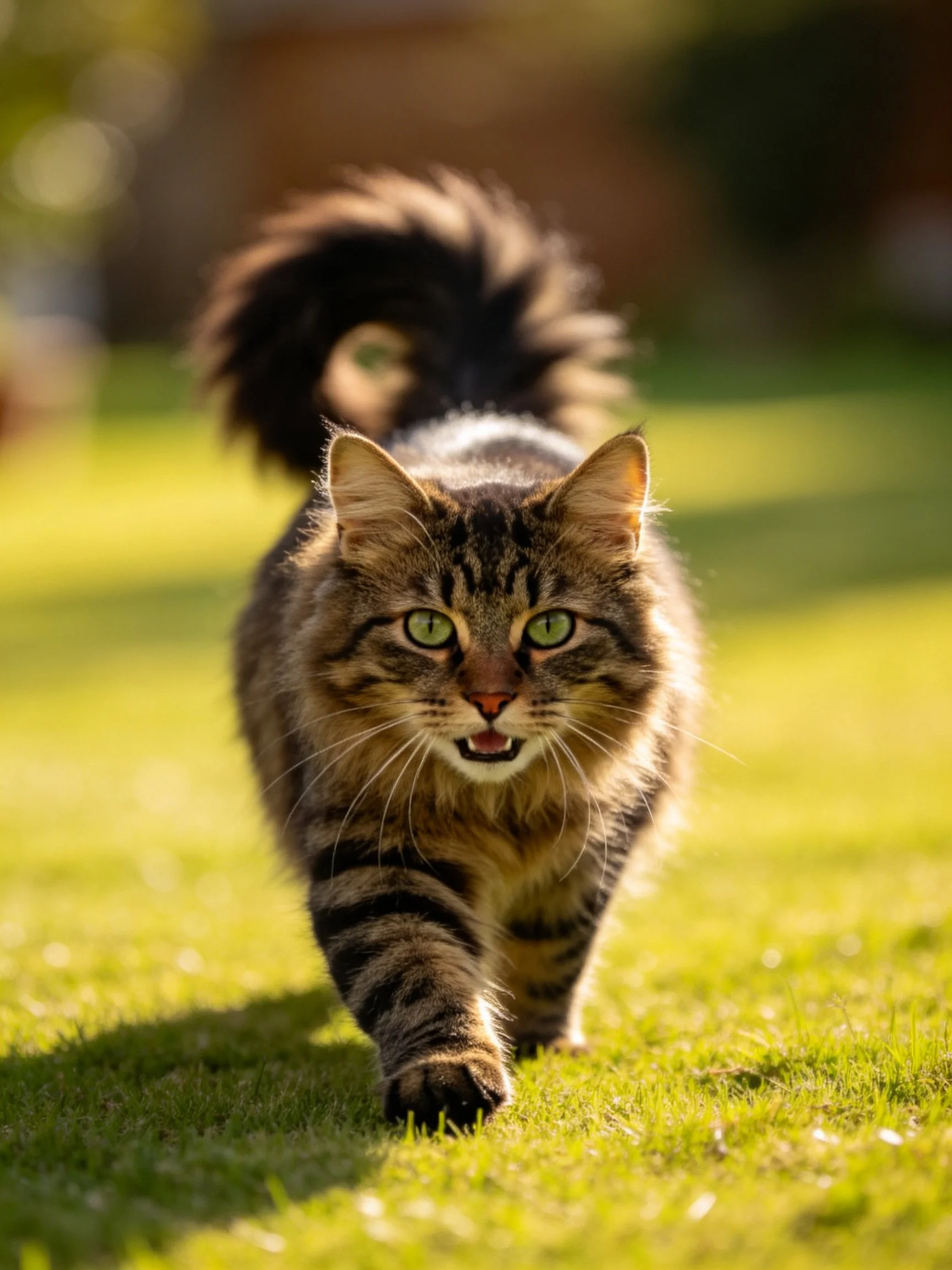 A brown tabby cat with green eyes walks confidently on sunlit grass.
