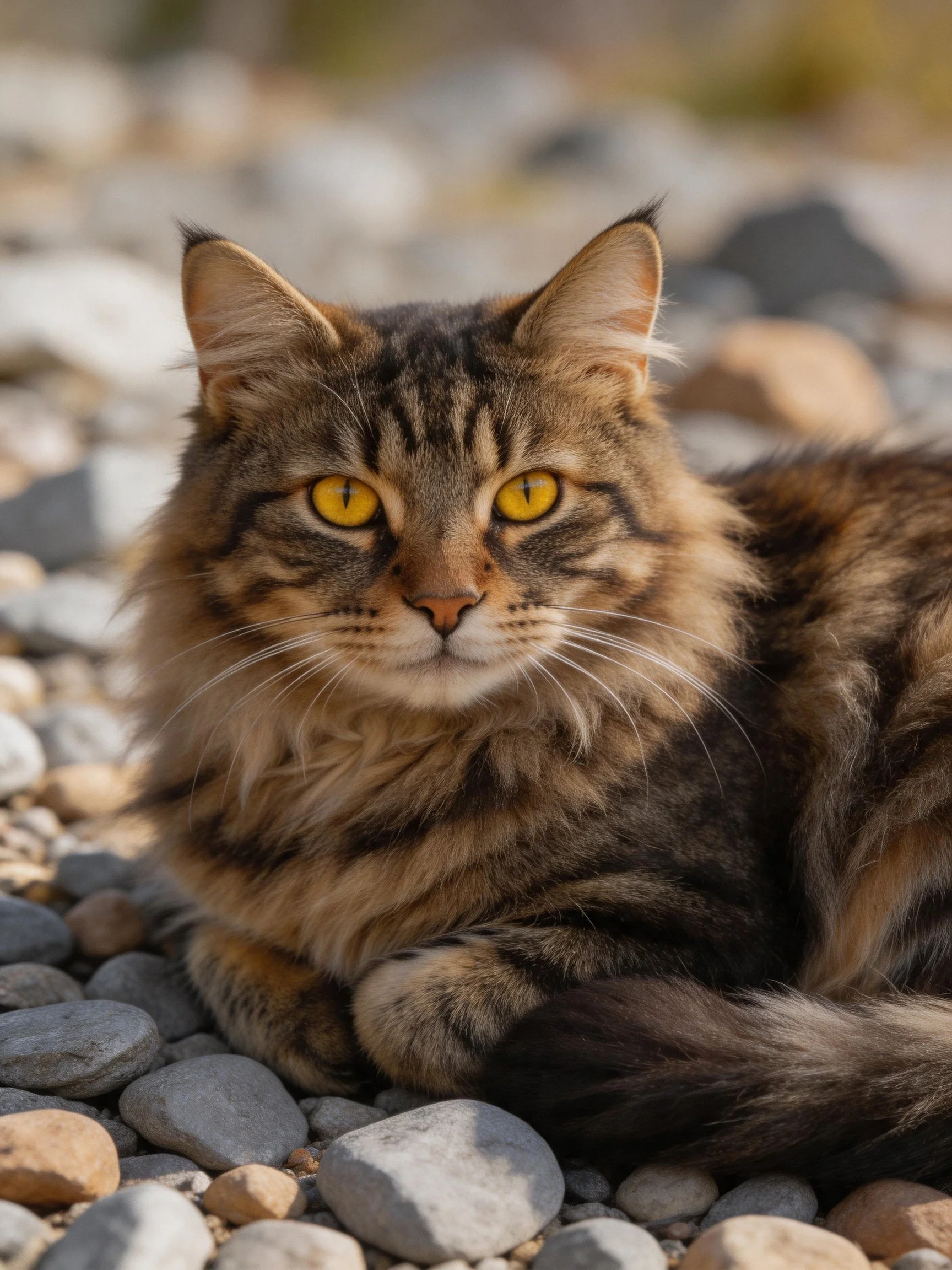 A tabby cat with yellow eyes relaxes on smooth stones outdoors