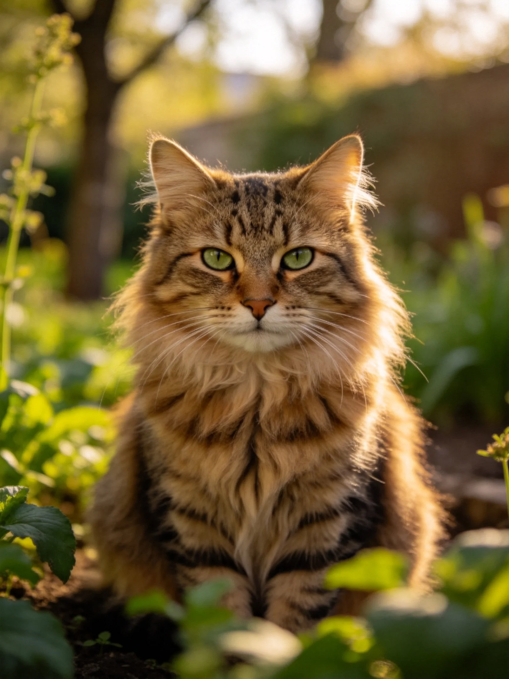 A fluffy brown tabby cat with green eyes sits calmly in a sunlit garden setting.