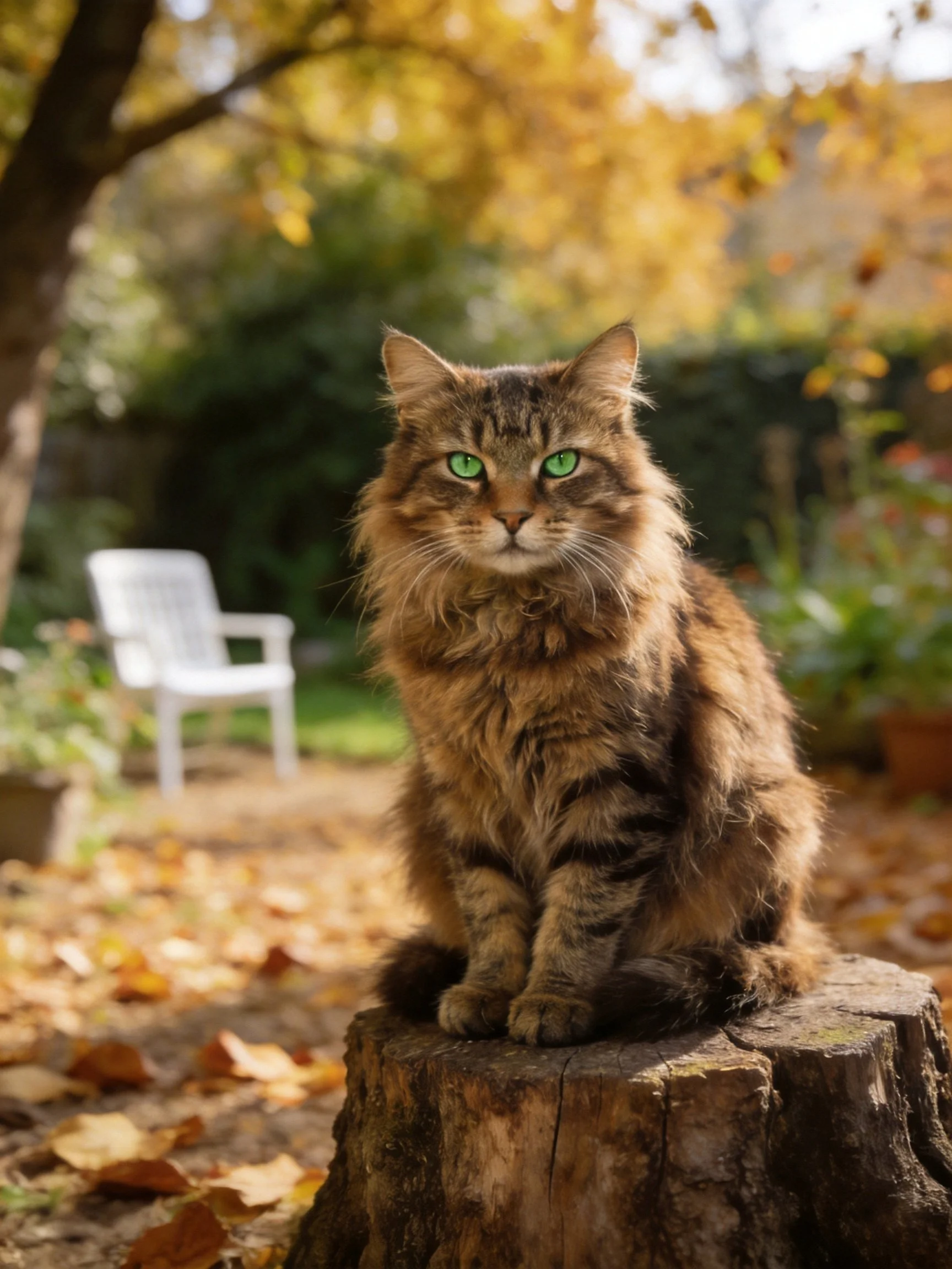 A fluffy brown tabby cat with green eyes sits on a tree stump amidst autumn foliage and garden elements