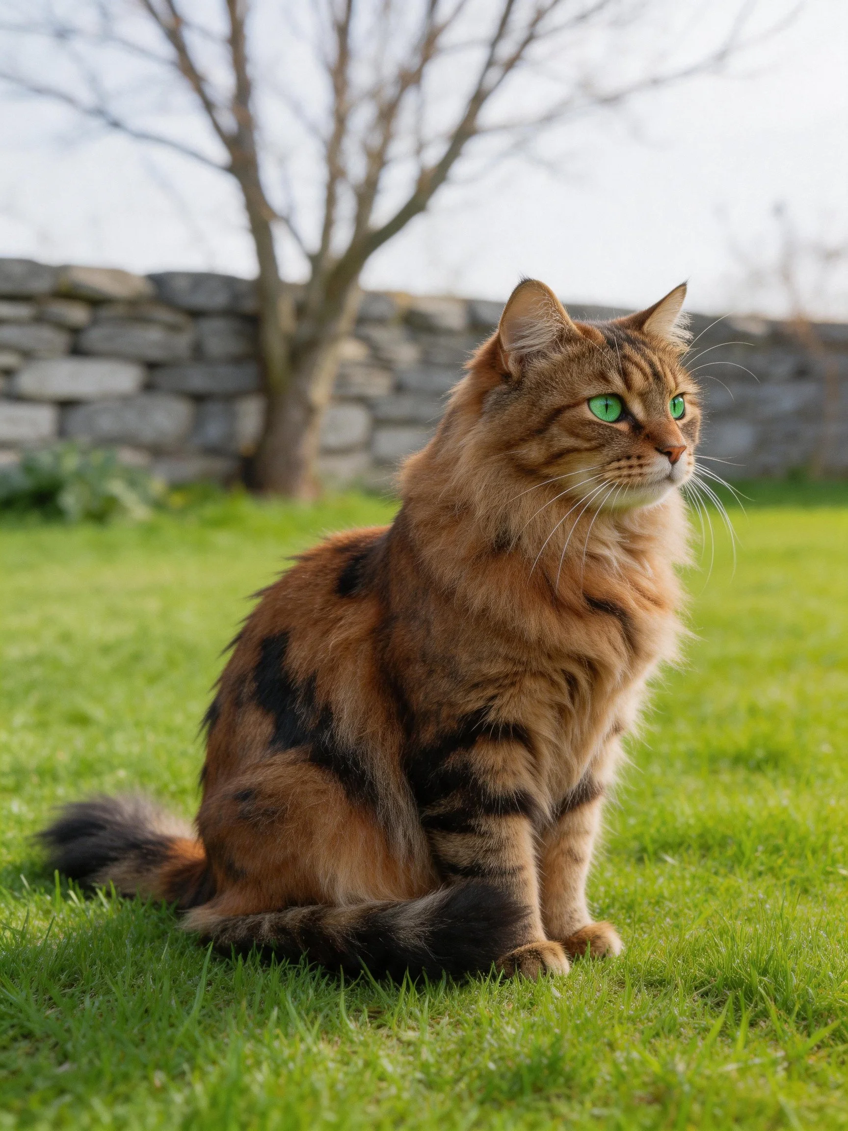 A fluffy brown tabby cat with green eyes sits on grass beside a stone wall.