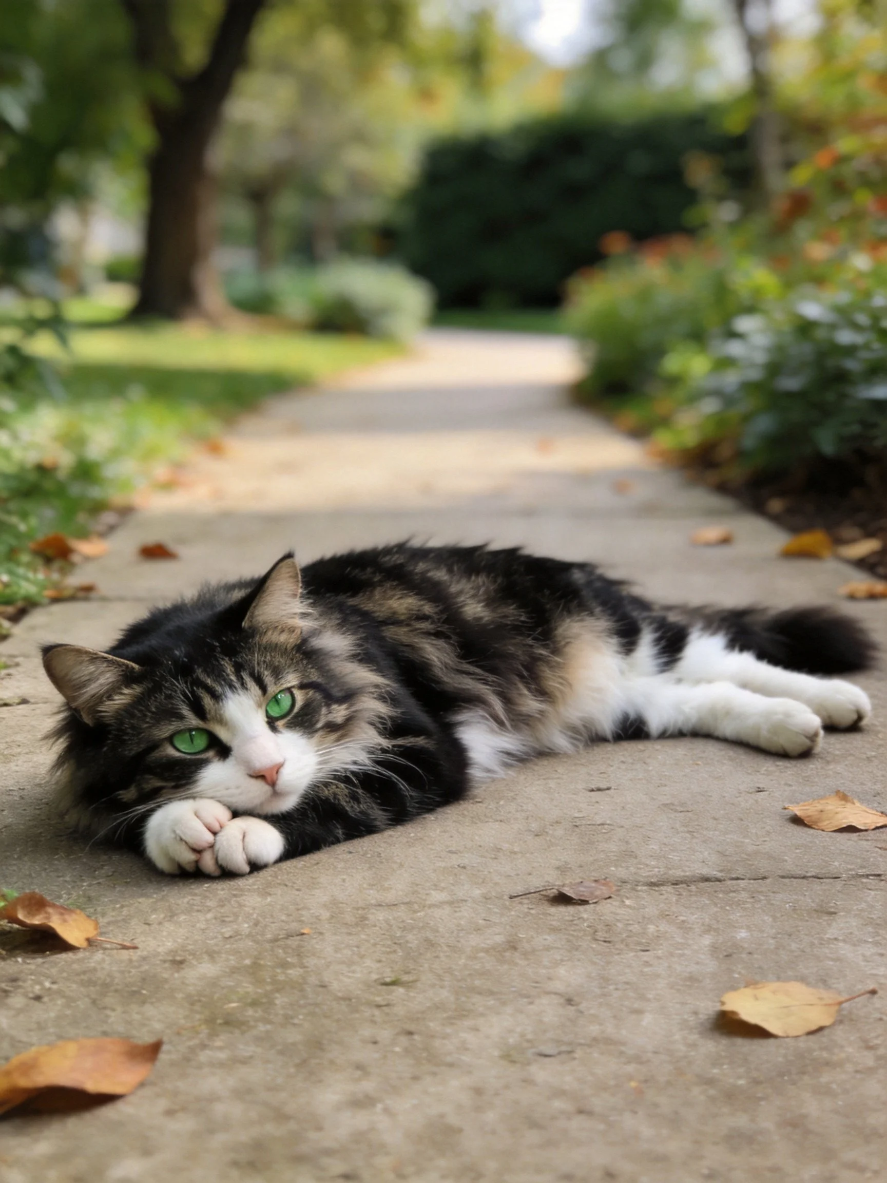 A fluffy calico cat relaxes on a leaf-covered sidewalk