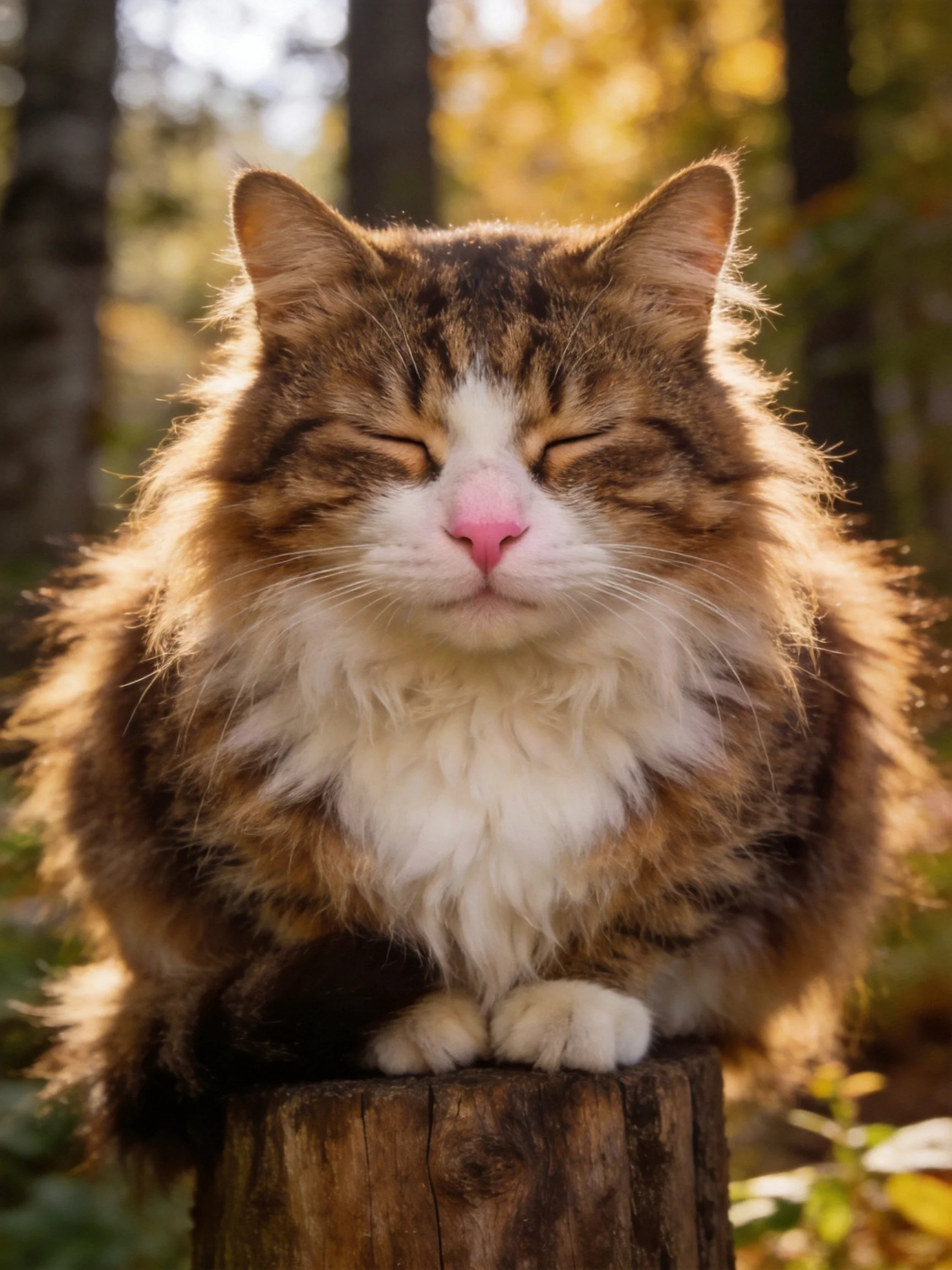 A fluffy calico cat resting on a wooden stump amid autumnal trees