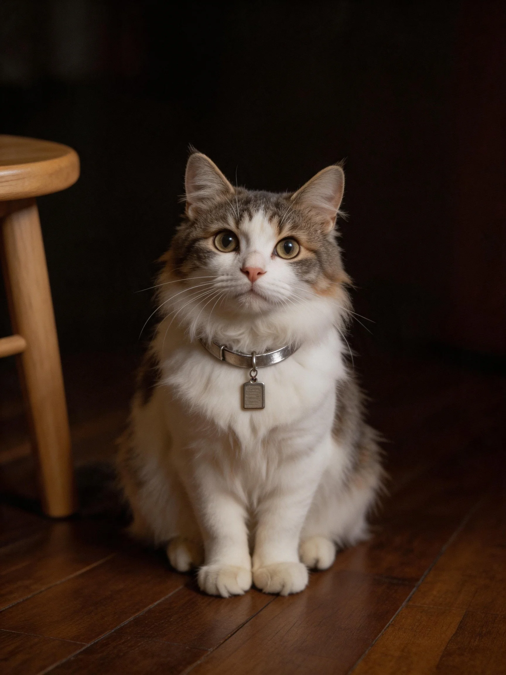 A fluffy calico cat sits on a polished wooden floor near a wooden stool.