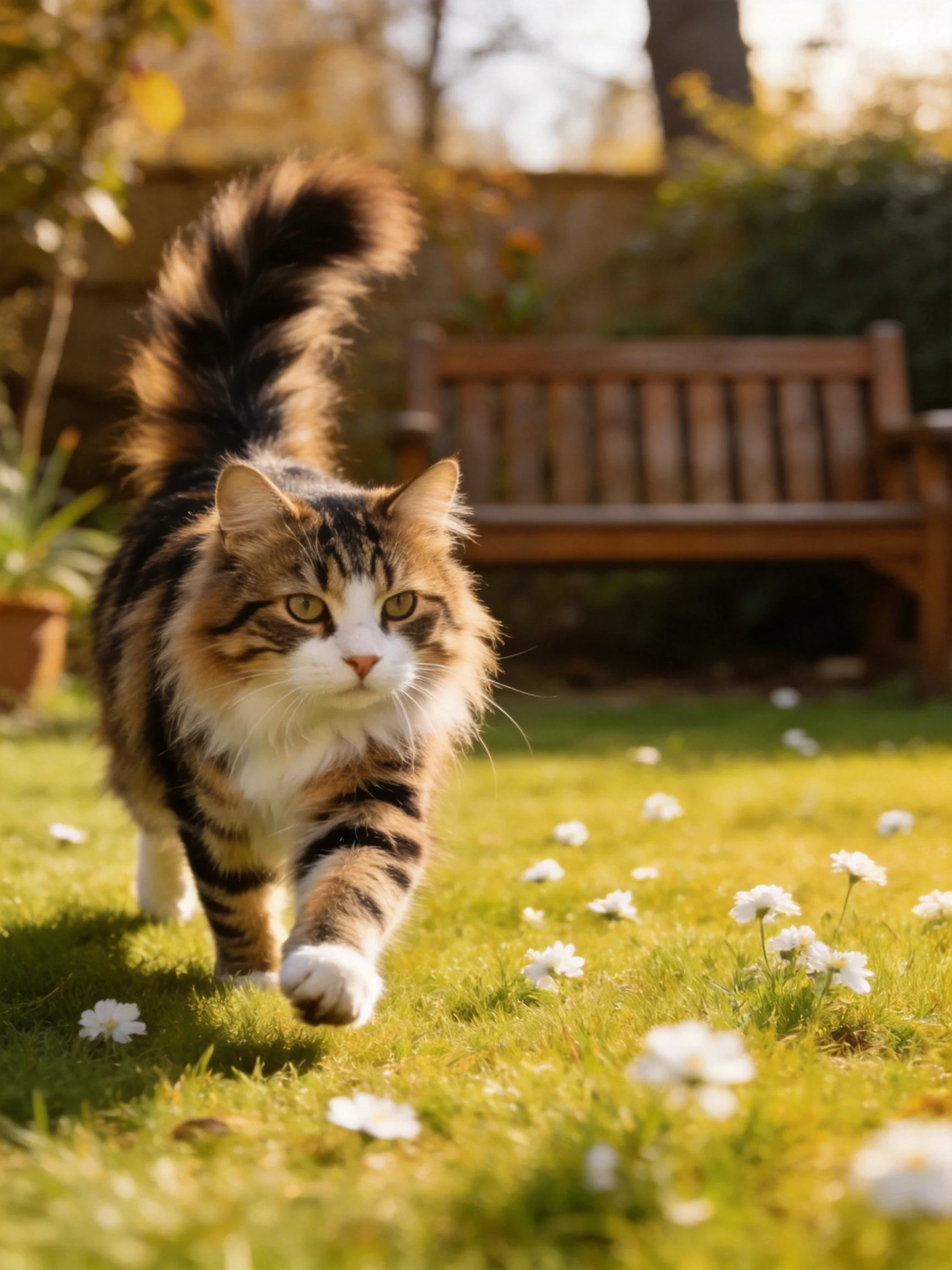 A fluffy calico cat walks through a sunlit garden with white flowers