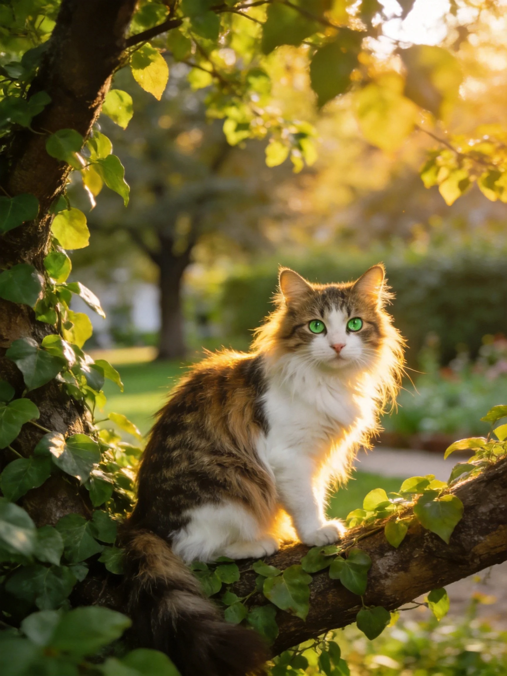 A fluffy calico cat with green eyes sits on a leafy tree branch in a sunlit garden.