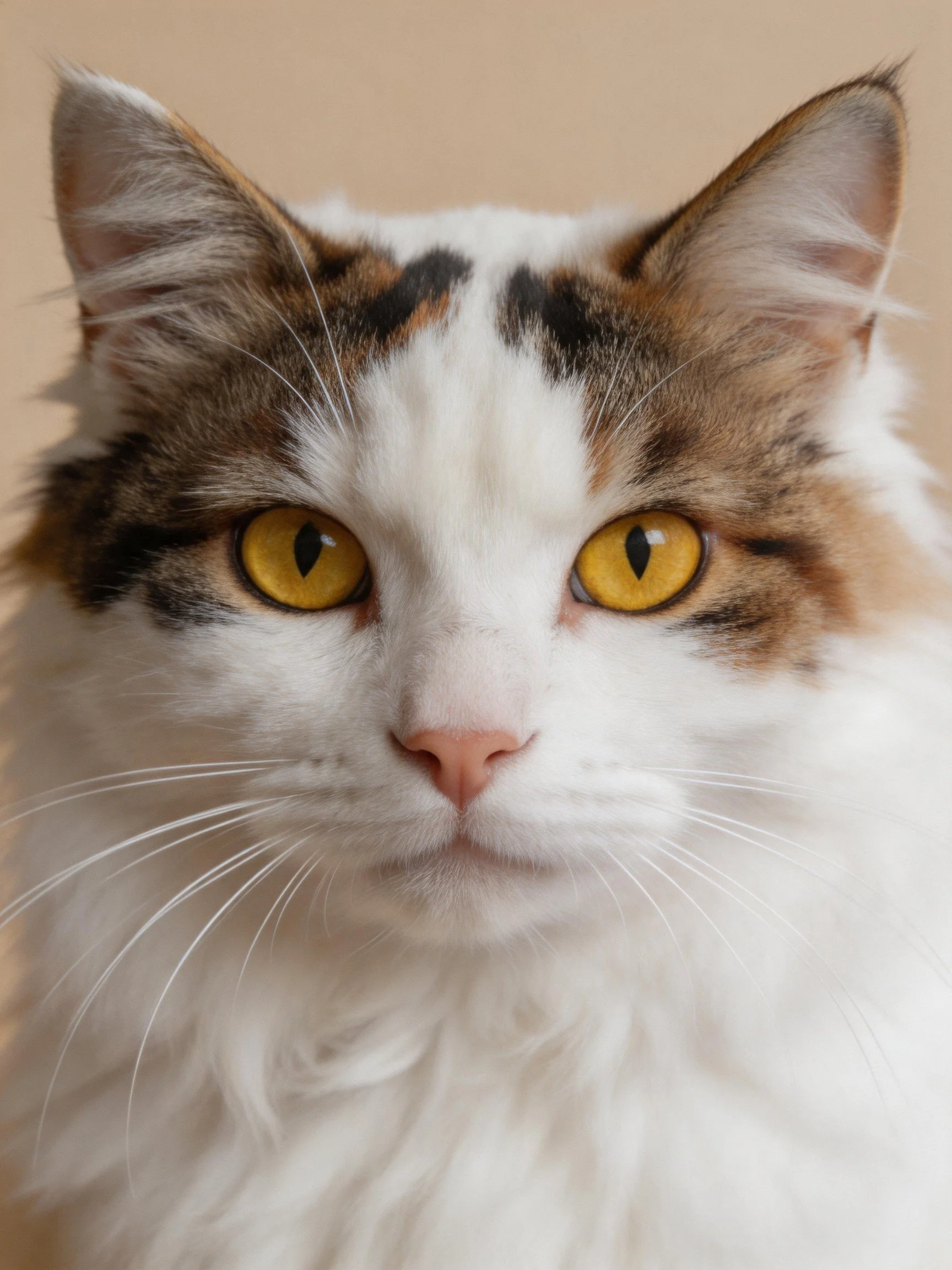 A close - up of a fluffy calico cat with striking yellow eyes.