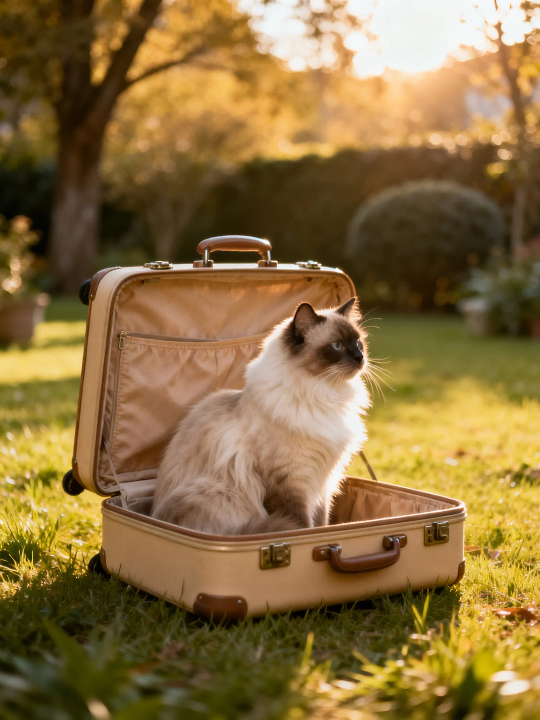A fluffy cat rests in an open beige suitcase on a sunlit lawn