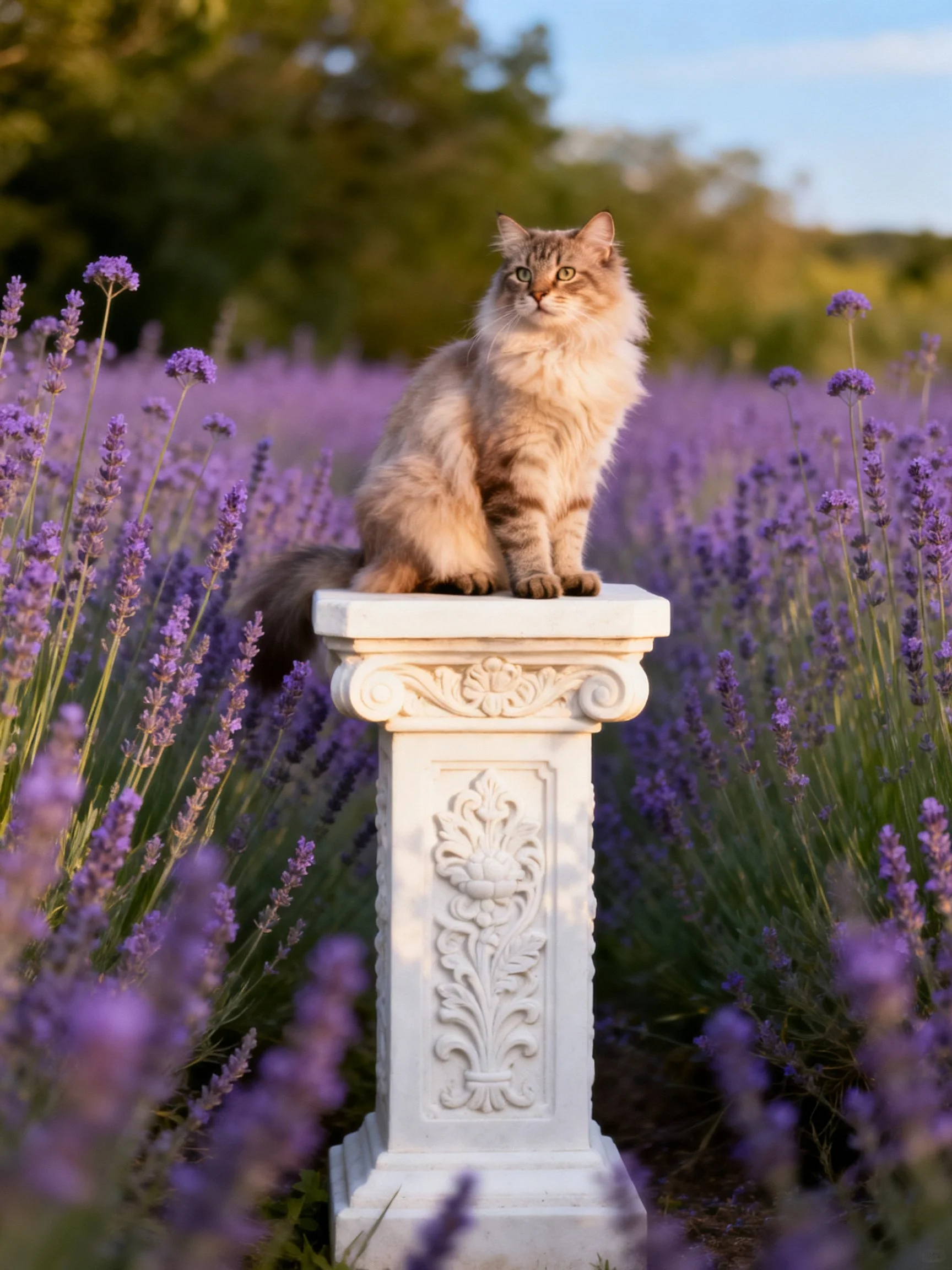 A fluffy cat sits atop an ornate pedestal amid lavender fields