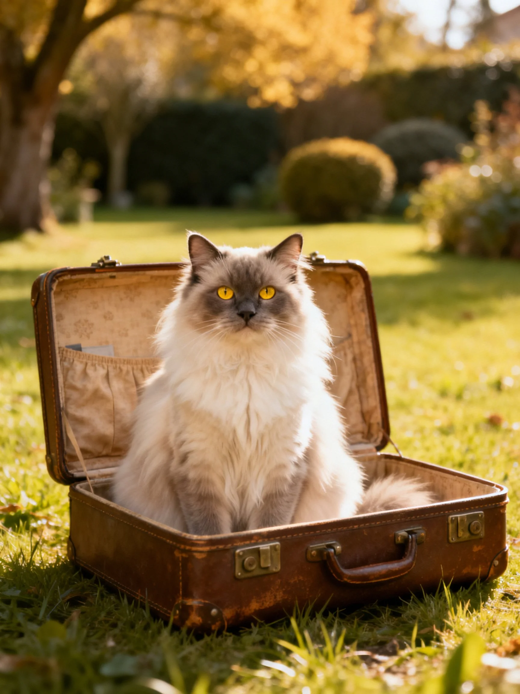 A fluffy cat sits in an aged brown suitcase on a sunlit lawn