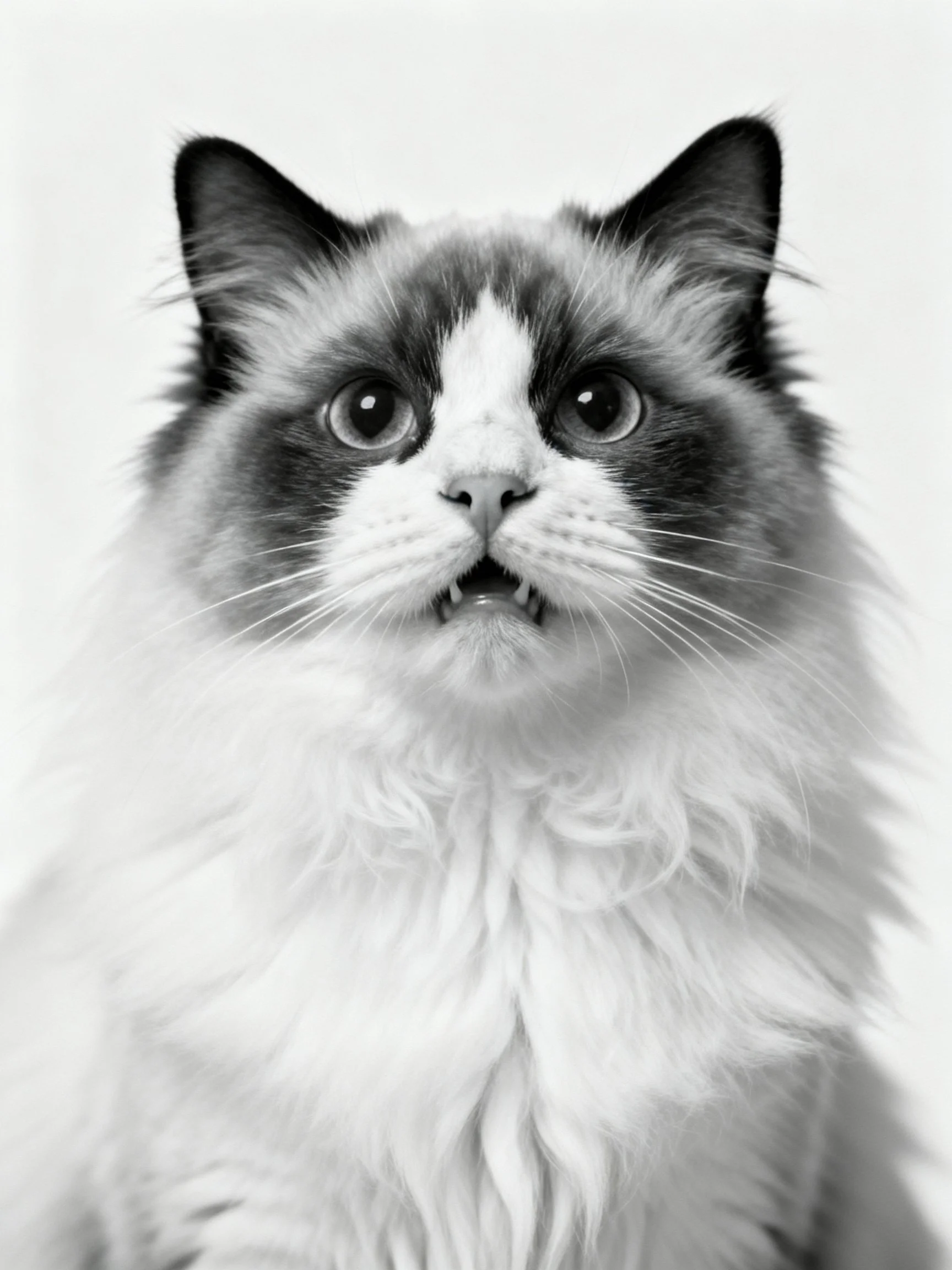 A fluffy cat with dark ears and white facial markings