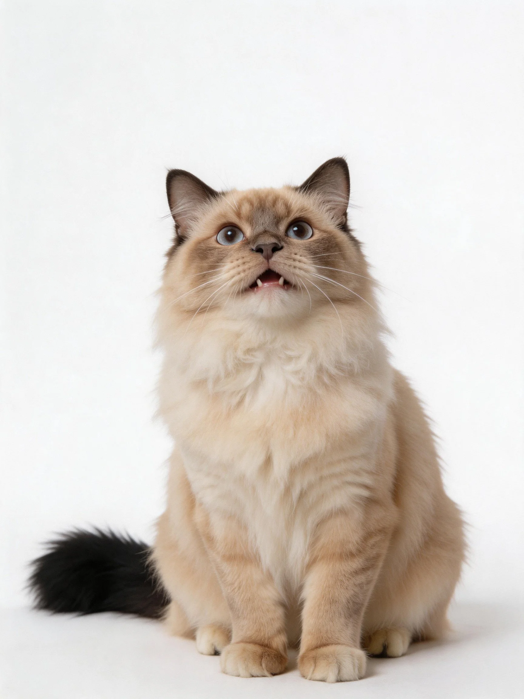 A fluffy cream-colored cat with blue eyes sits attentively on a white surface