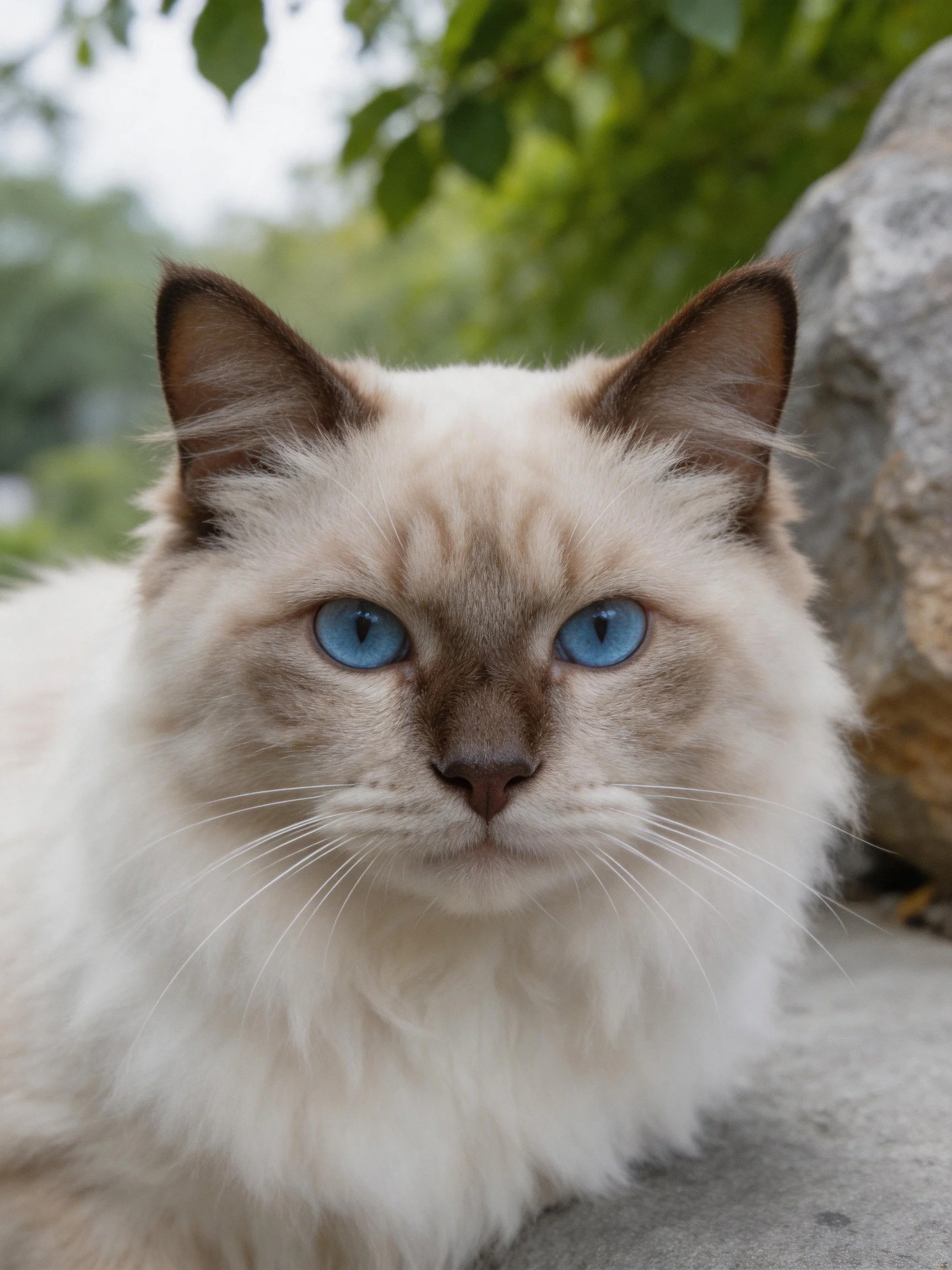 A fluffy cat with blue eyes rests near stone and greenery in soft daylight.
