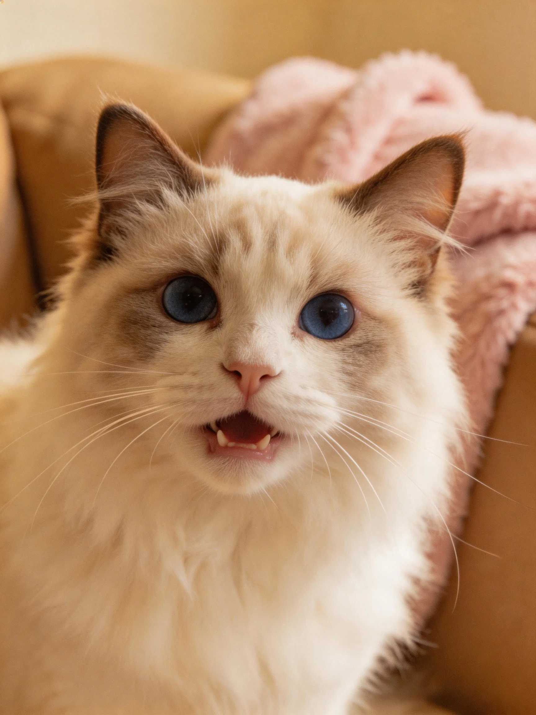 A fluffy cream-and-brown cat with blue eyes rests near a pink blanket