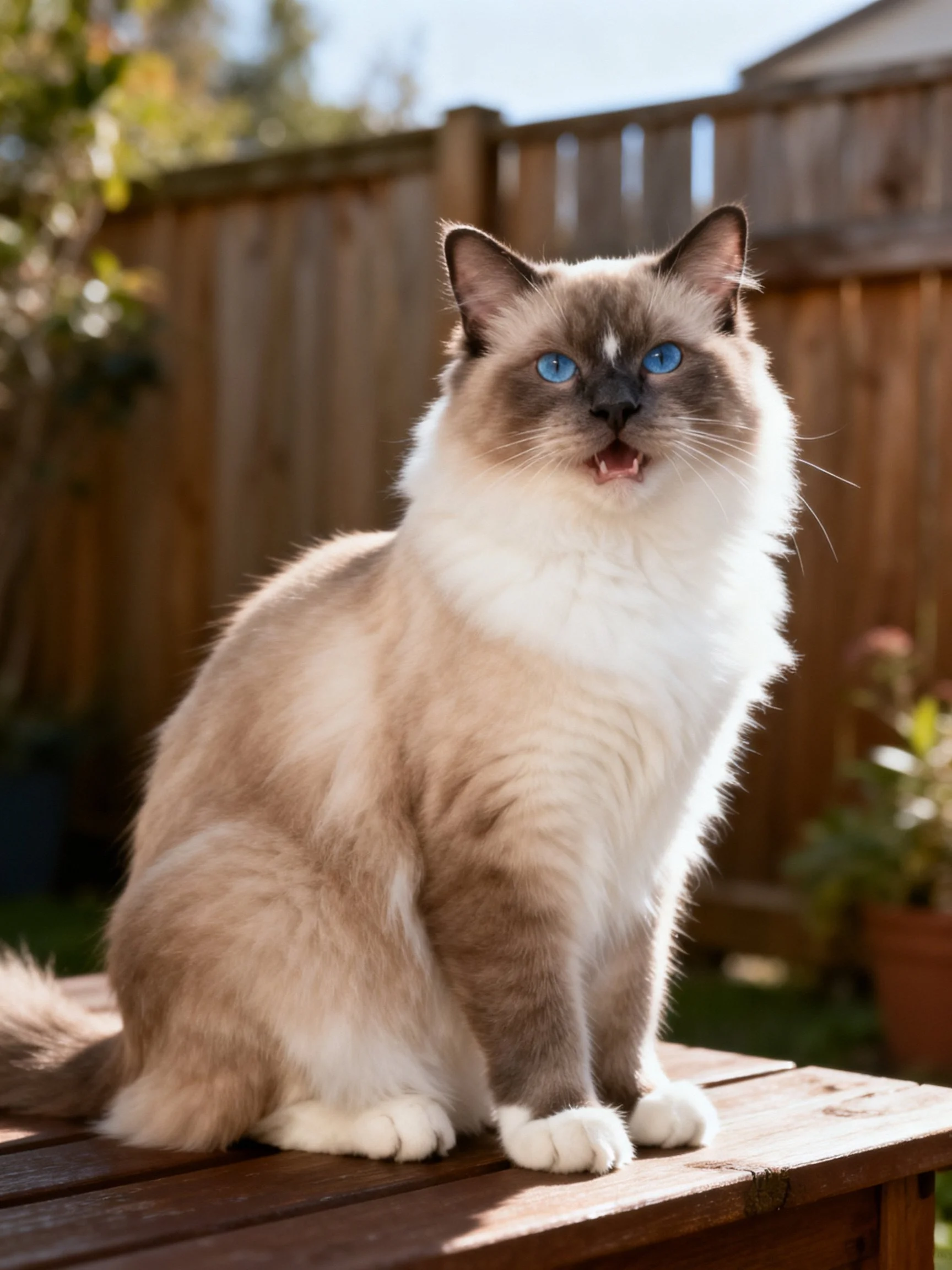 A cream-and-gray cat with bright blue eyes sits on a wooden surface in a backyard.