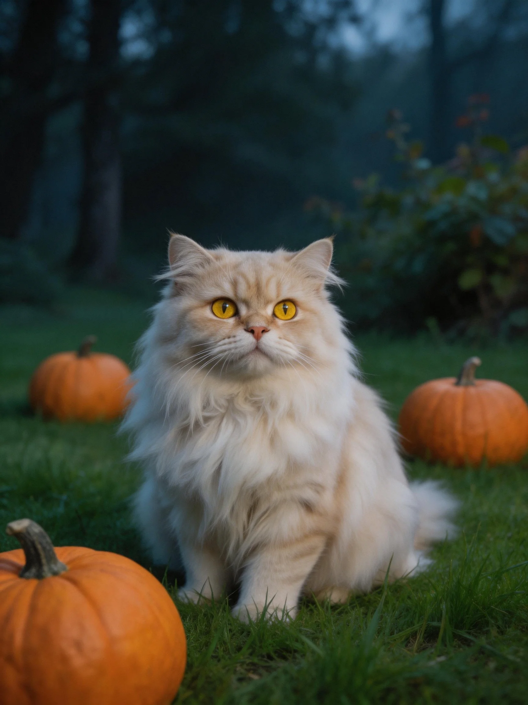 A fluffy cream cat sits among orange pumpkins in a dim outdoor setting.