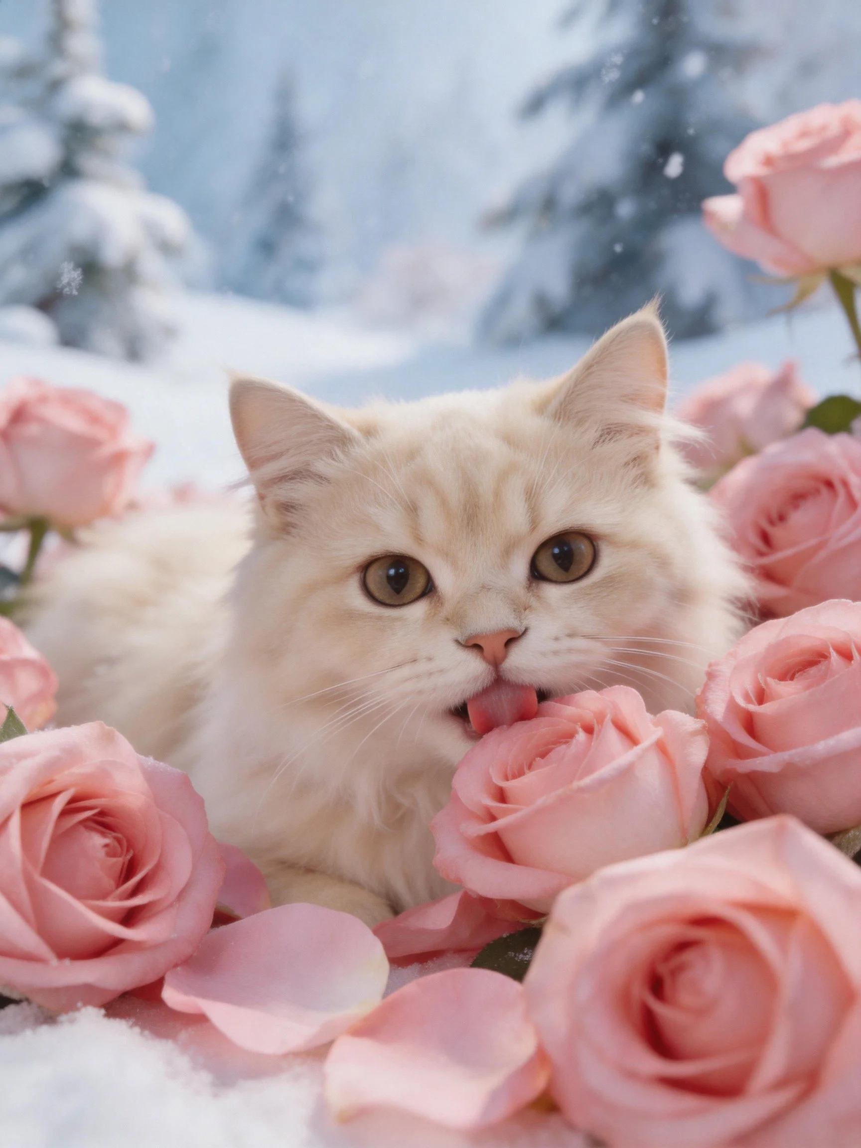 A fluffy cream cat interacts with pink roses amid a snowy winter backdrop.