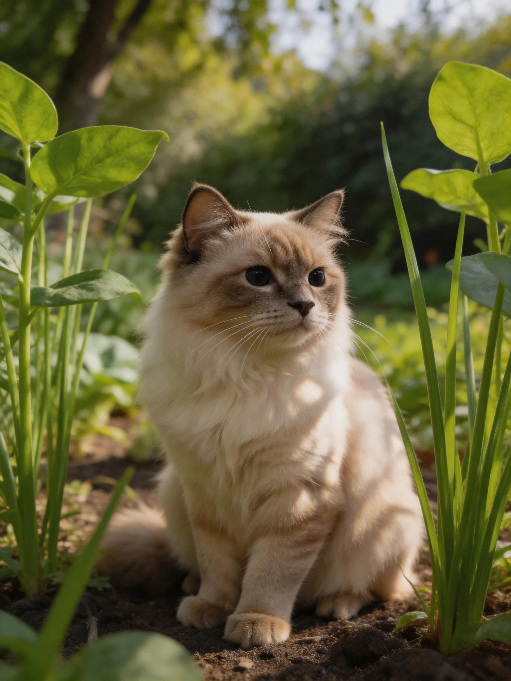 A fluffy cat sits among plants in a sunlit garden.