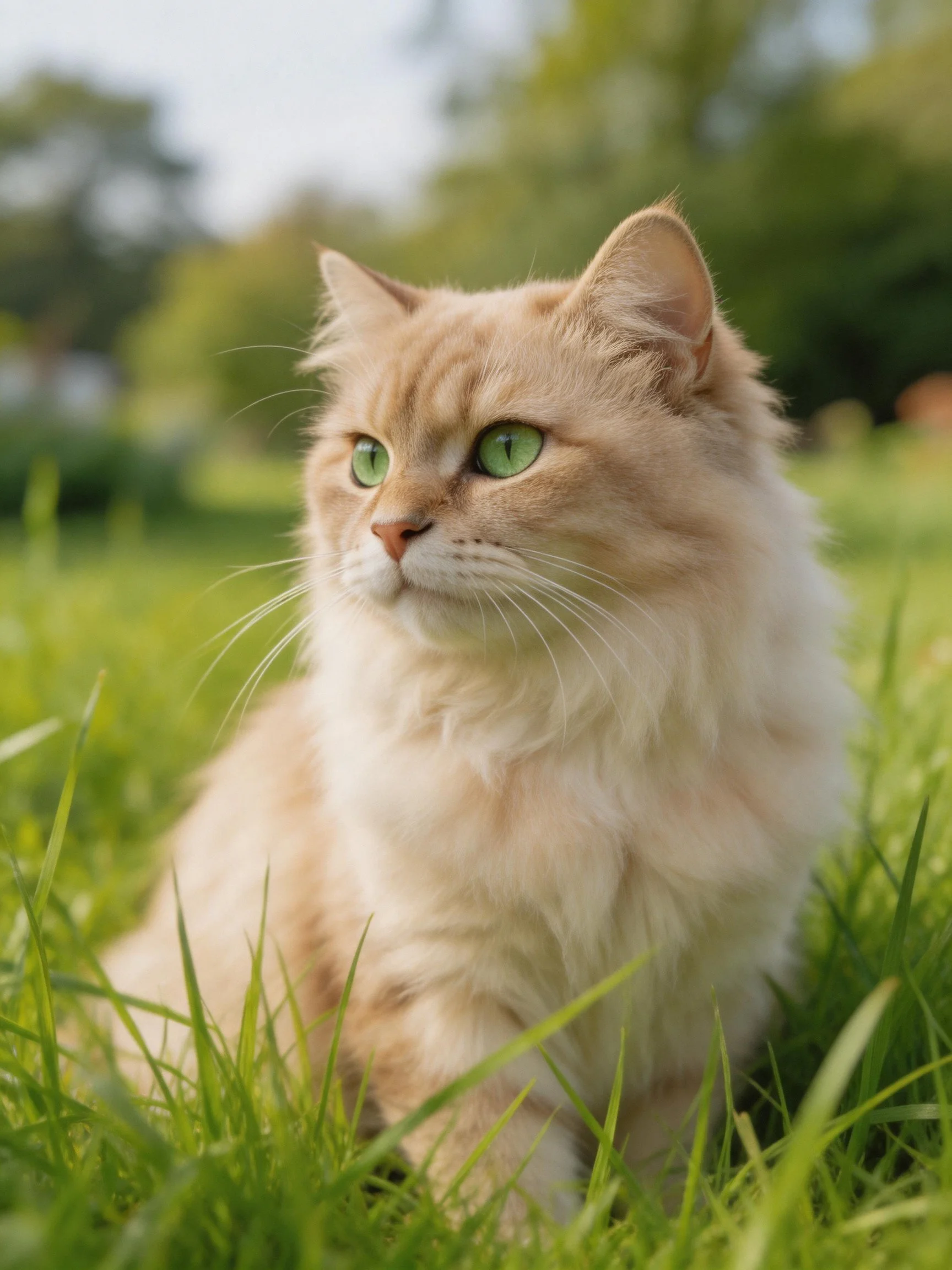 A cream - hued cat with green eyes relaxes in tall grass.
