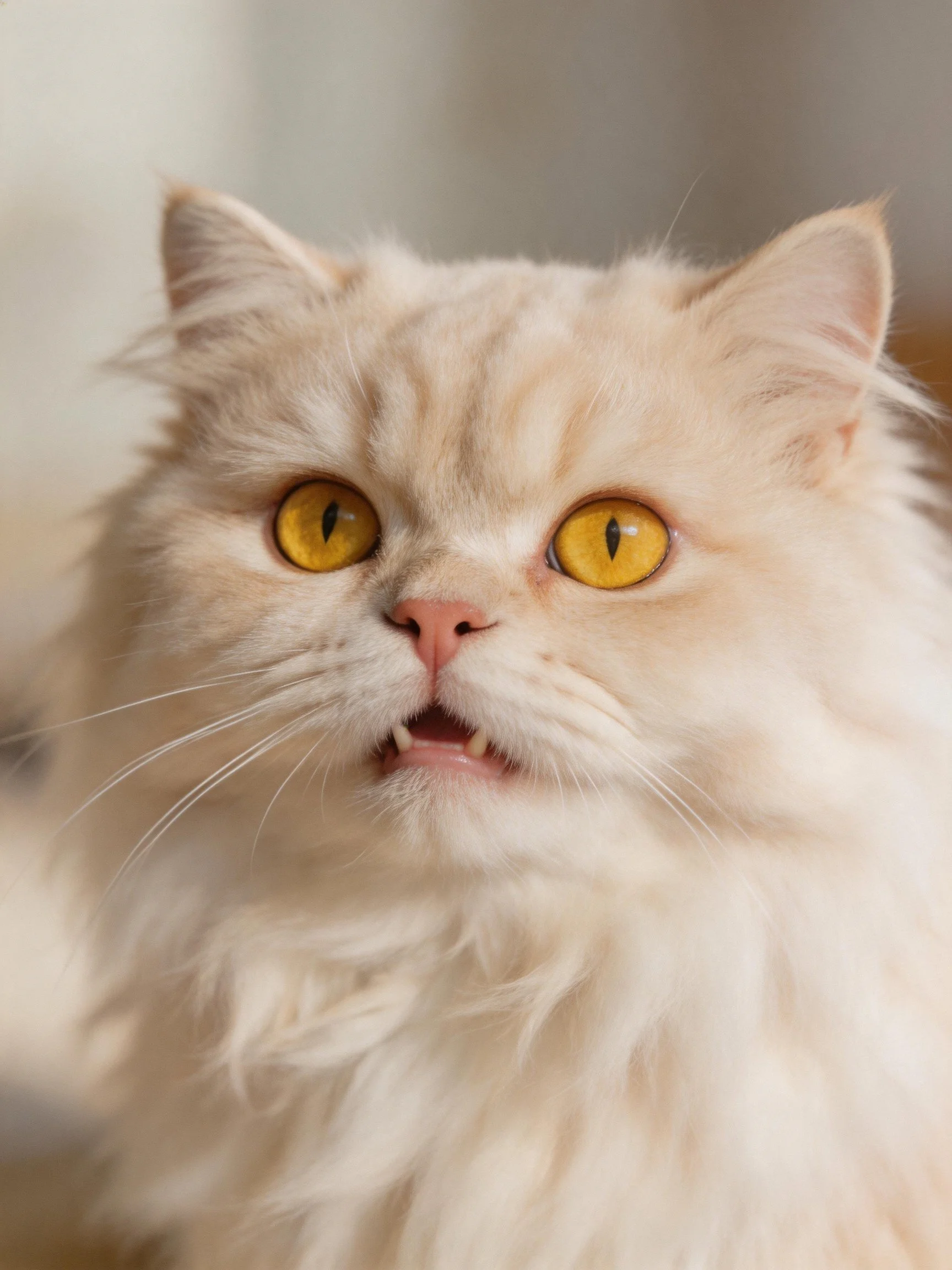 A fluffy cream - colored cat with bright yellow eyes looks curious.