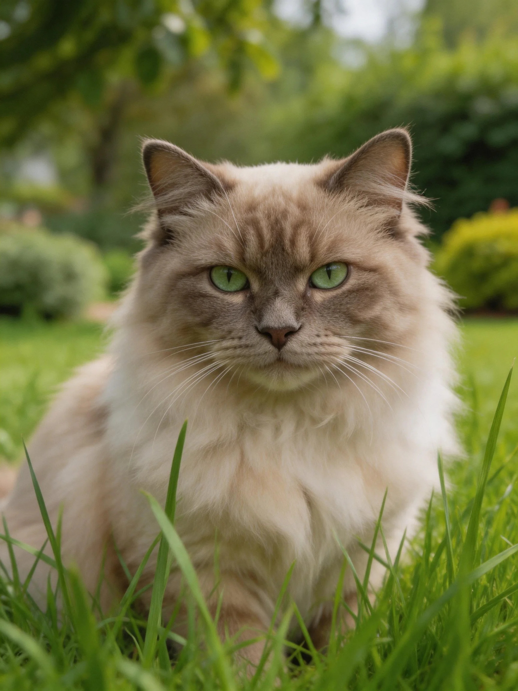 A fluffy cream-colored cat with green eyes sits calmly in a sunlit garden.