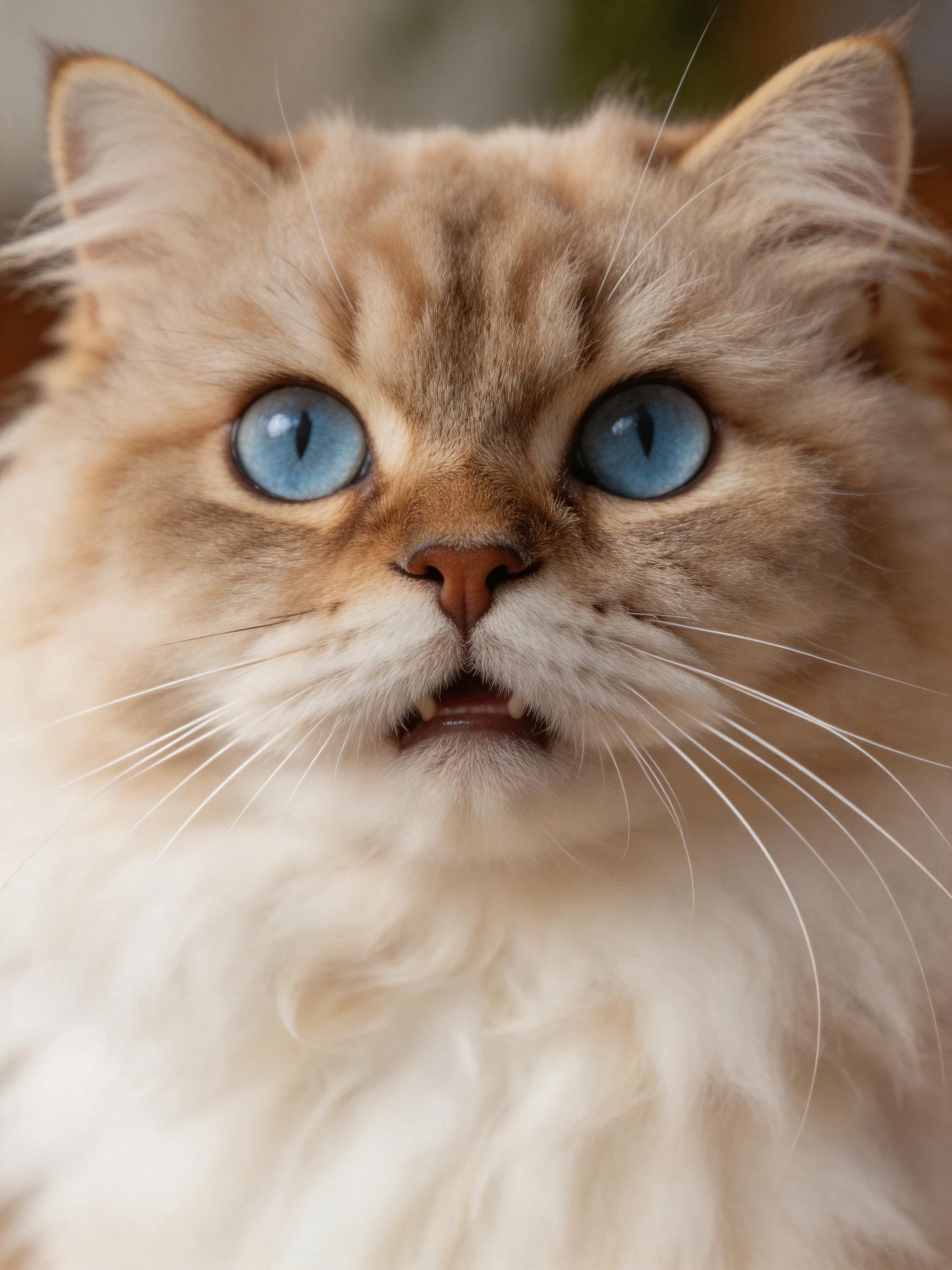A fluffy cream-colored cat with large blue eyes stares directly ahead.