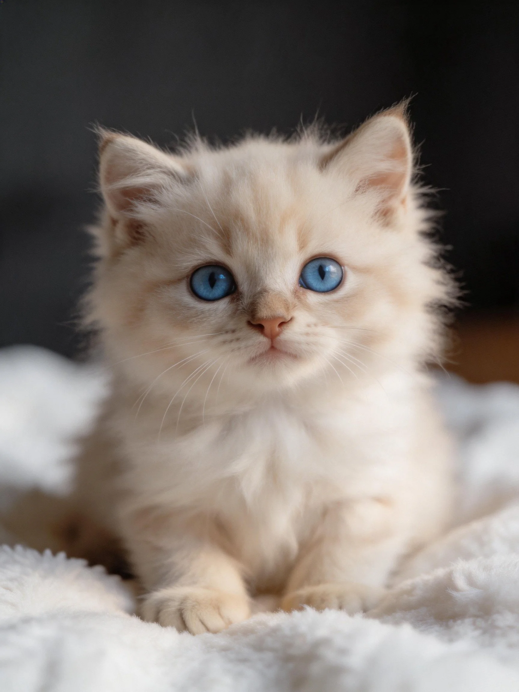 A fluffy cream kitten with bright blue eyes sits on soft fabric