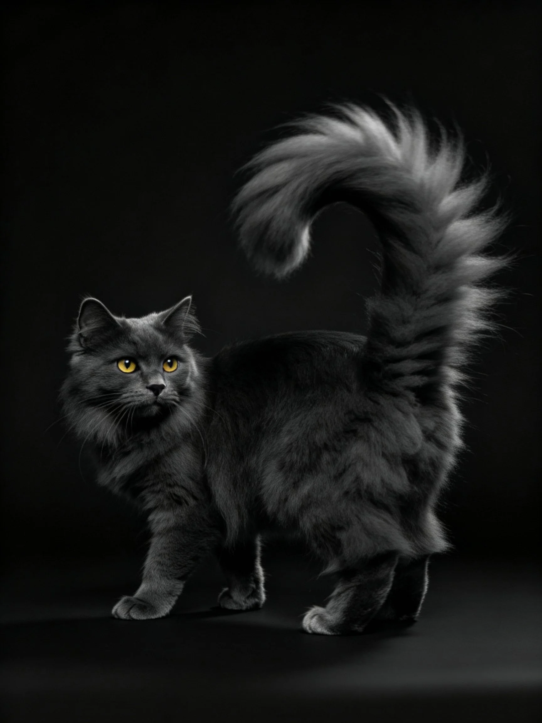A fluffy dark gray cat with a curled tail and bright yellow eyes