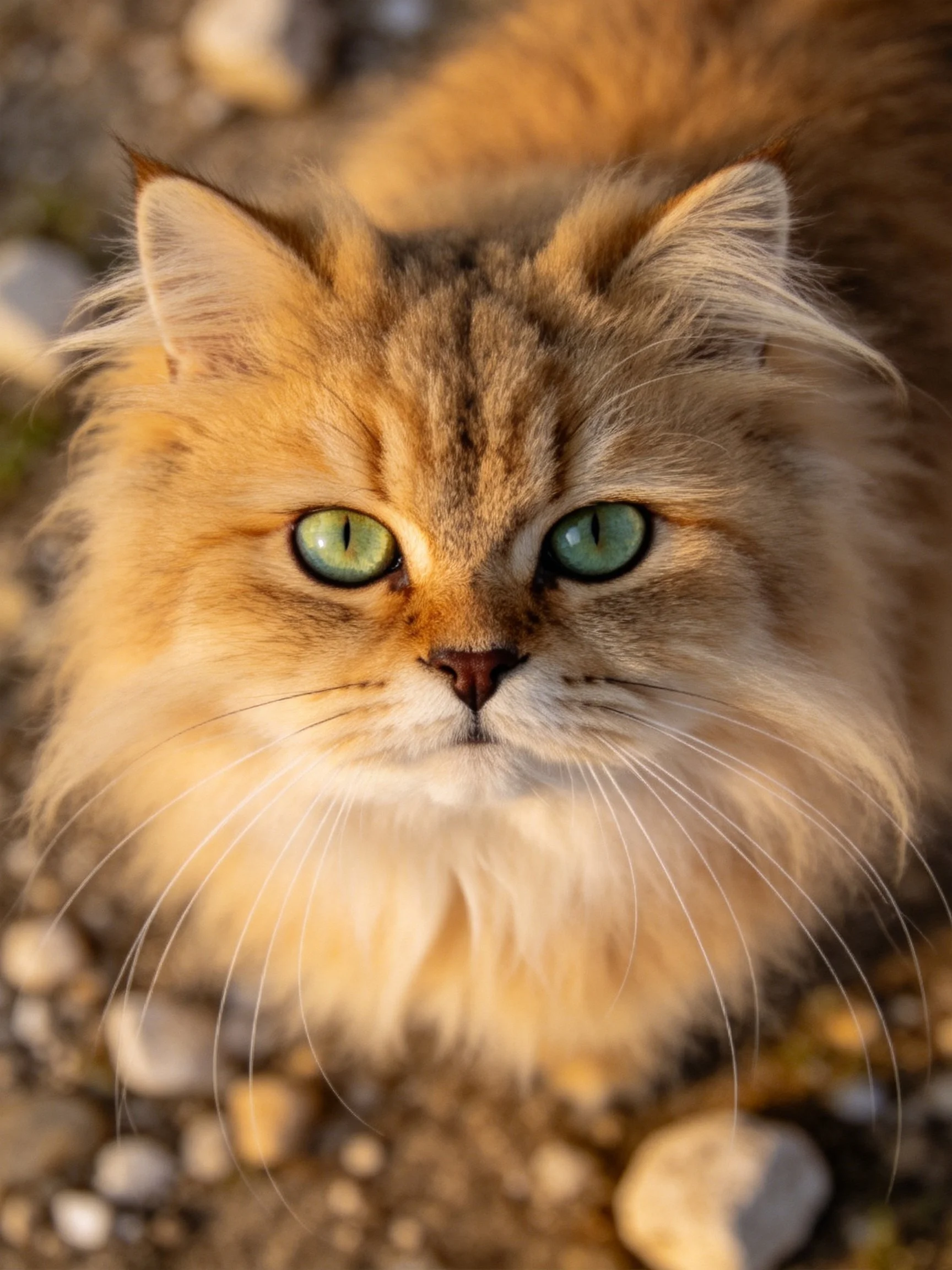 A close-up of a fluffy golden-brown cat with bright green eyes resting on rocky terrain.