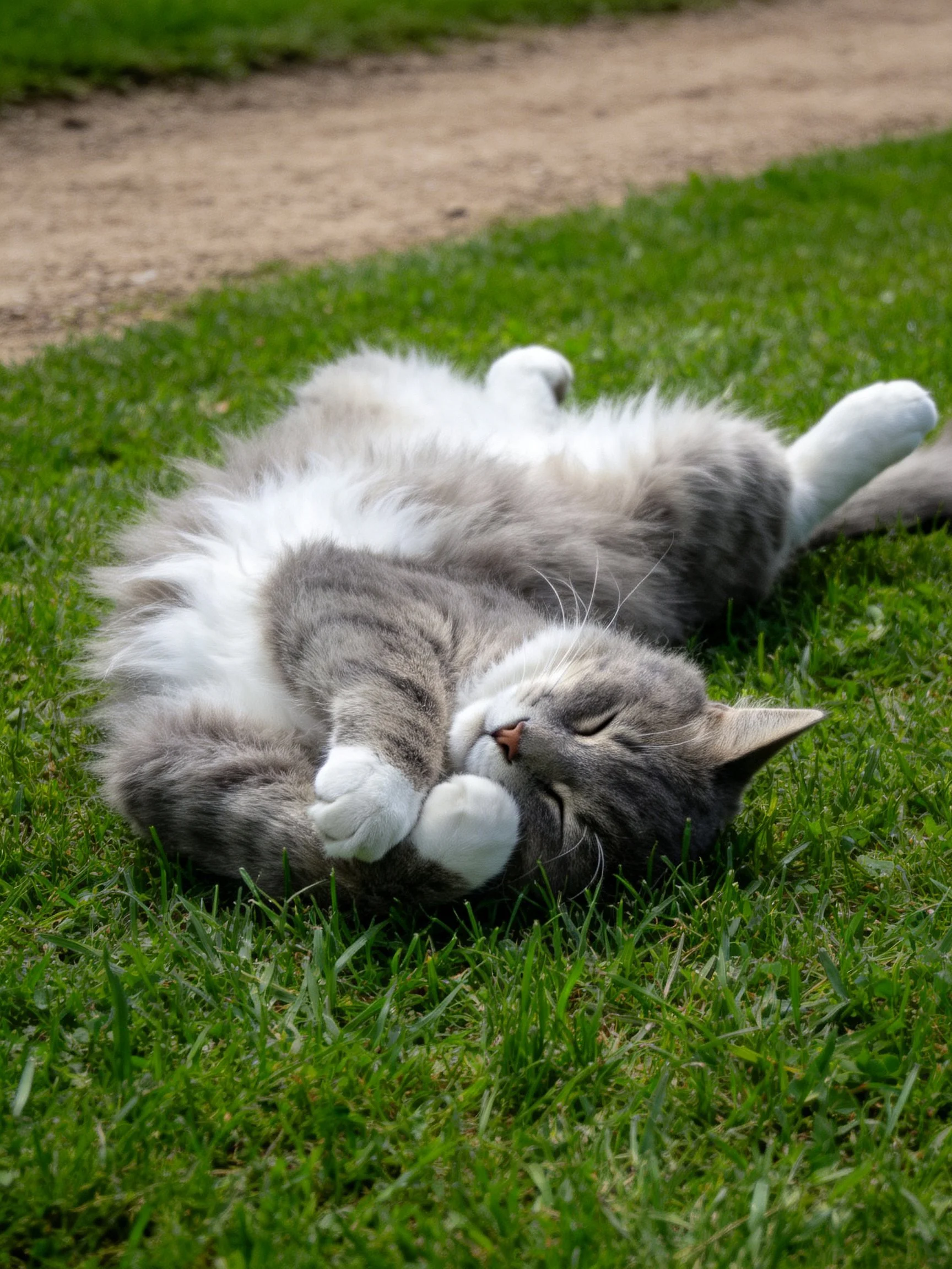 A fluffy gray-and-white cat relaxes on vibrant green grass
