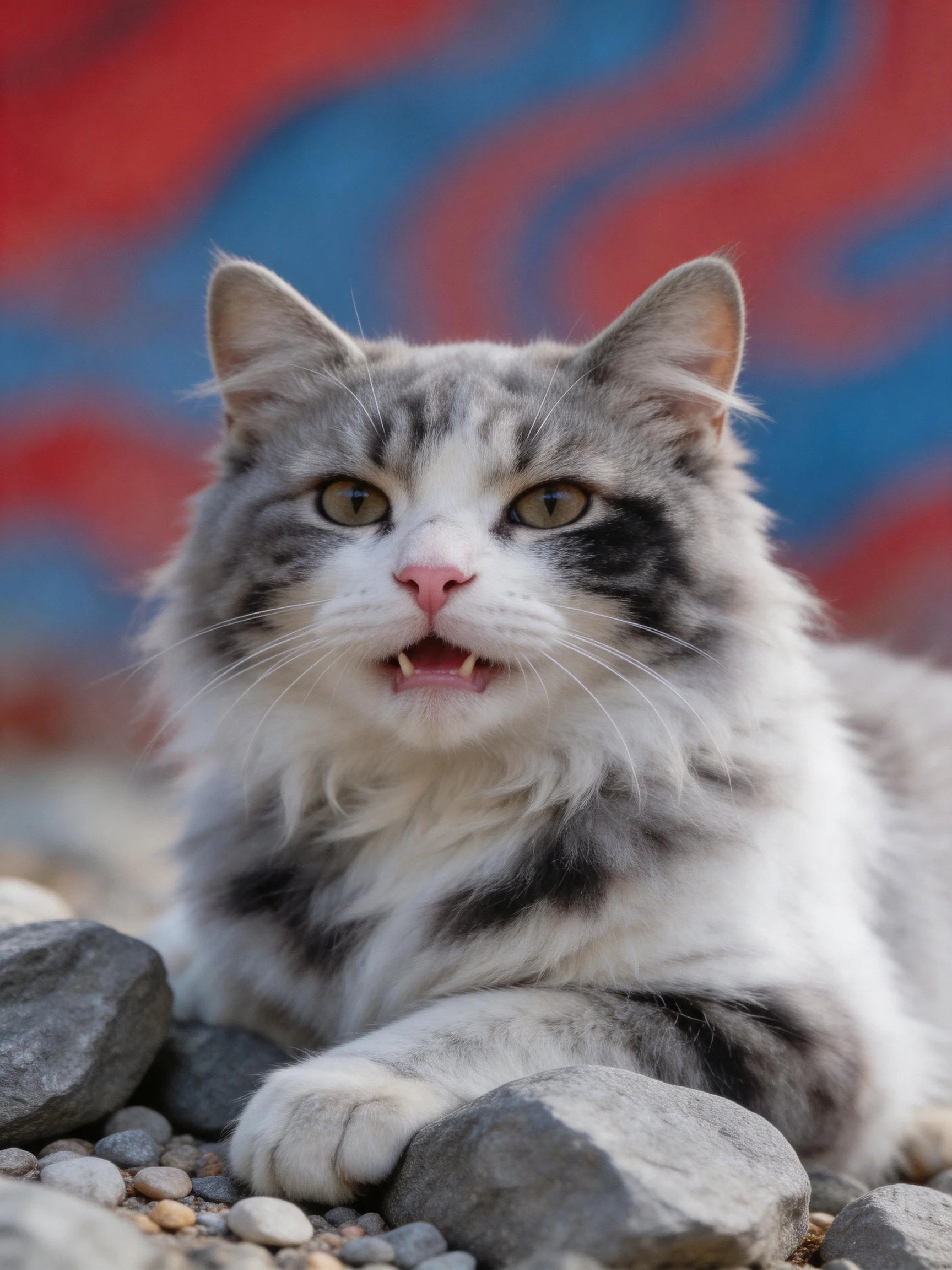 A fluffy gray-and-white cat rests among smooth stones against a blurred red-blue background.