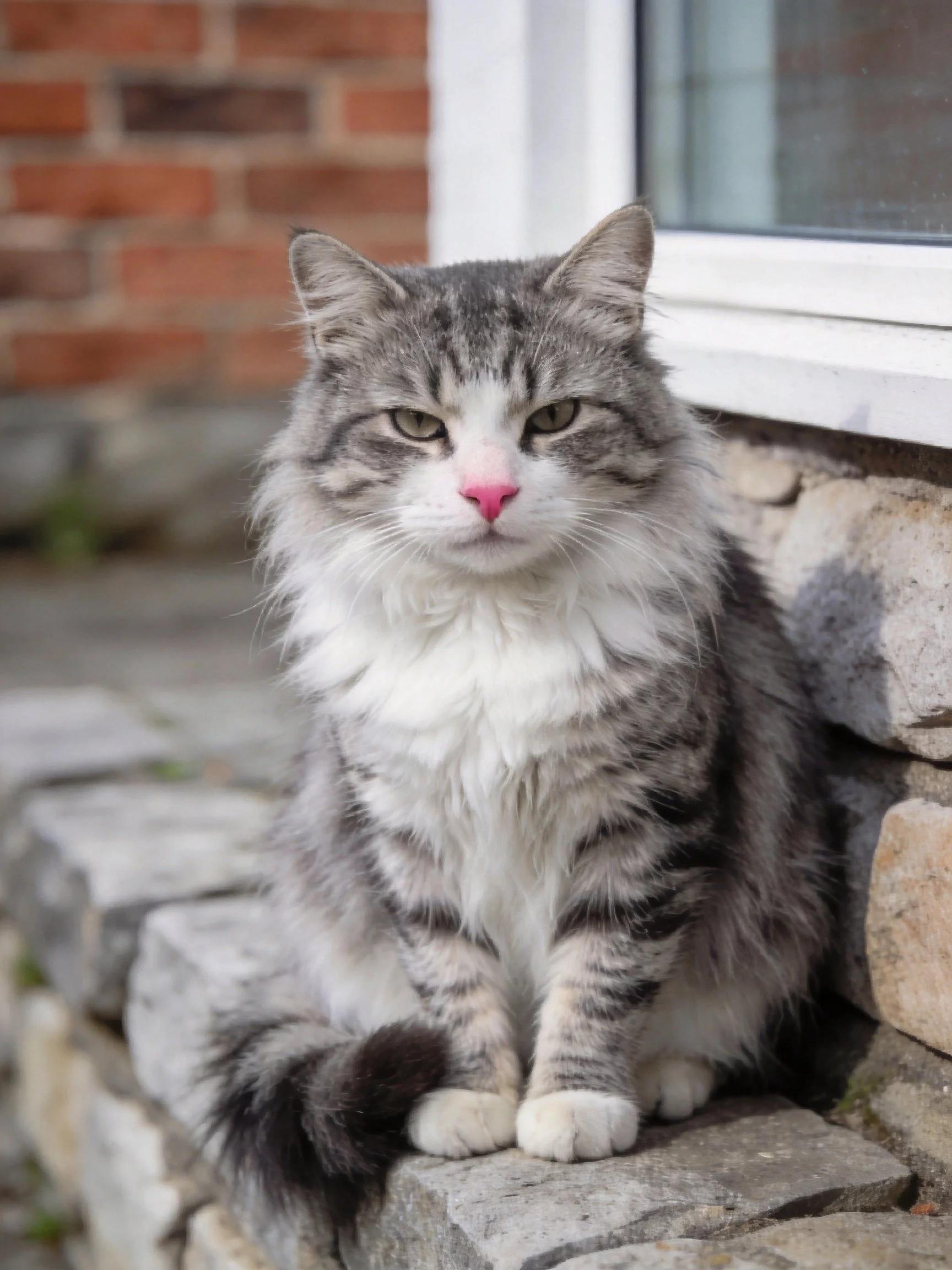 A fluffy gray-and-white cat rests beside a stone wall next to a window