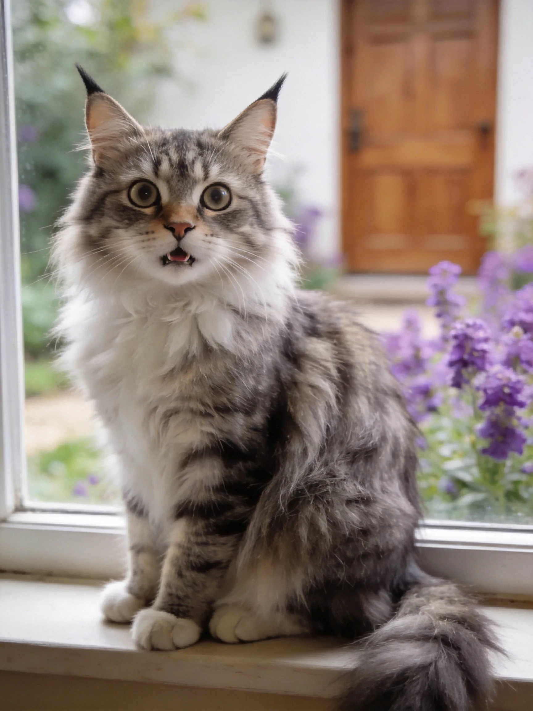 A fluffy gray and white cat sits on a windowsill with purple flowers in view.