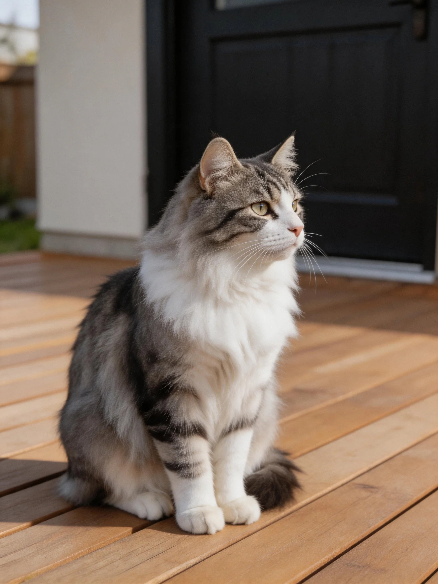 A gray and white cat sits calmly on a wooden deck beside a black door