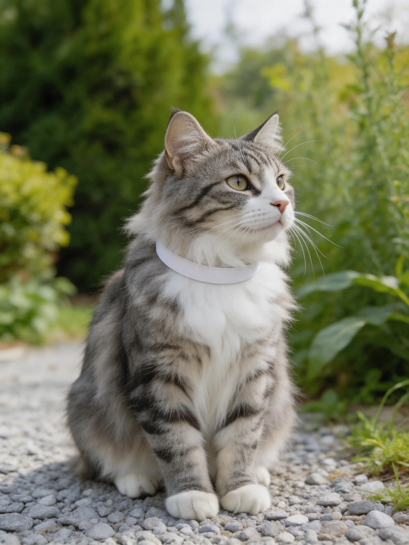 A fluffy gray-and-white cat sits calmly on gravel surrounded by greenery.