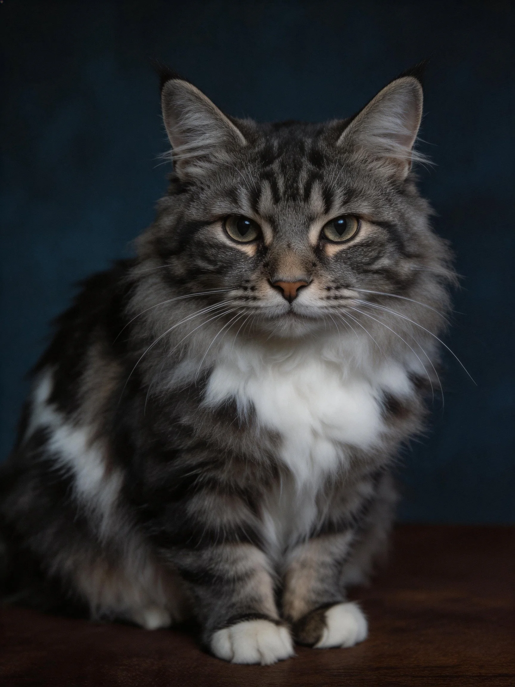 Fluffy gray and white cat sits on wood with dark blue backdrop
