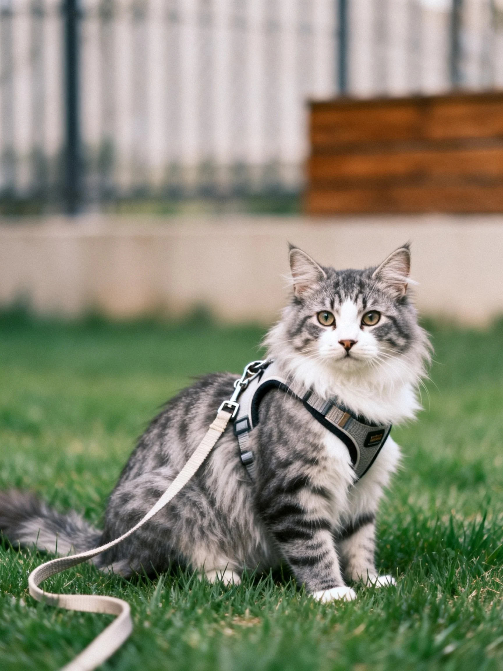 A fluffy gray and white cat with a harness sits calmly on green grass.