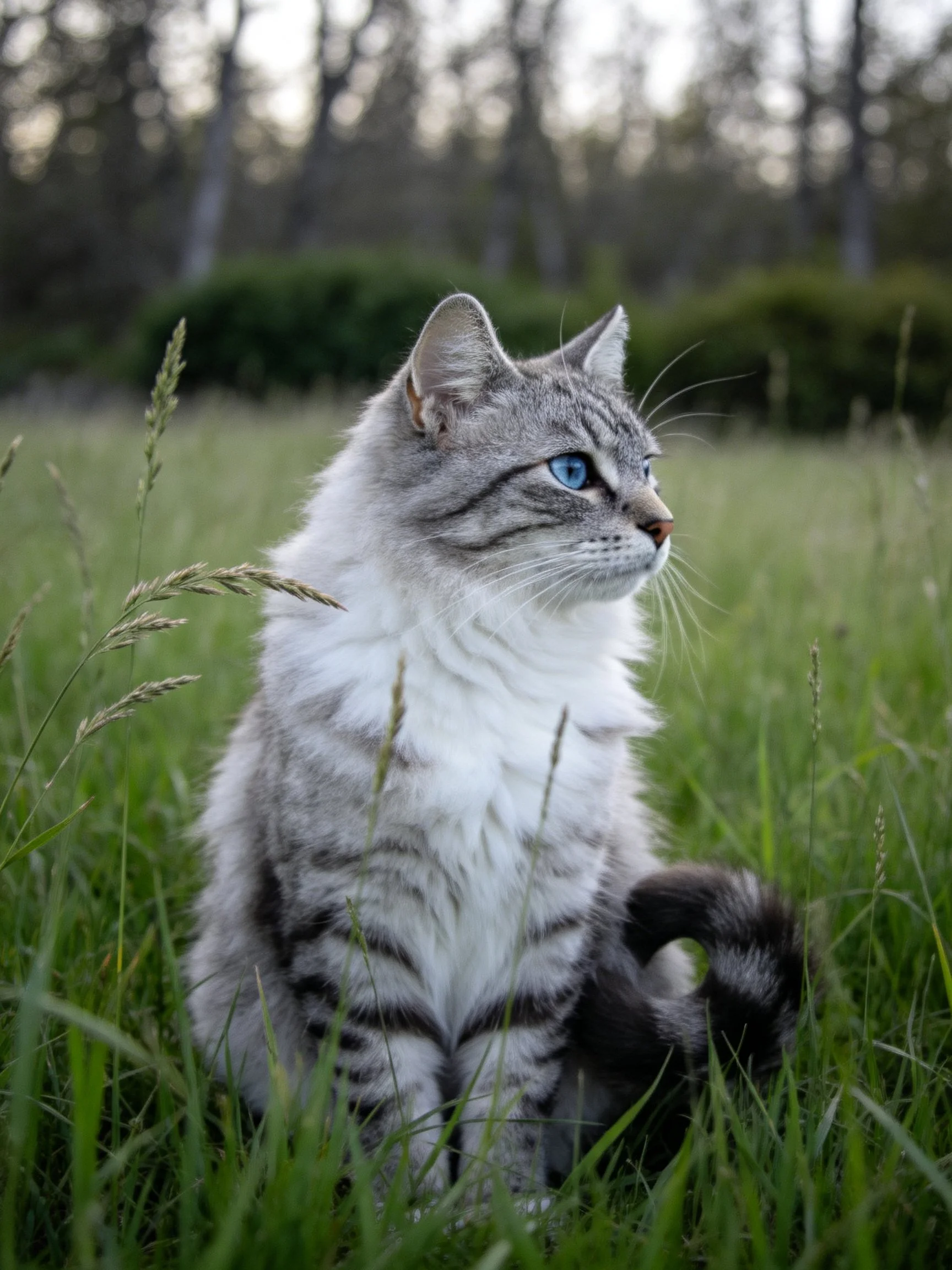 A fluffy gray-and-white cat with blue eyes sits calmly among tall green grass.