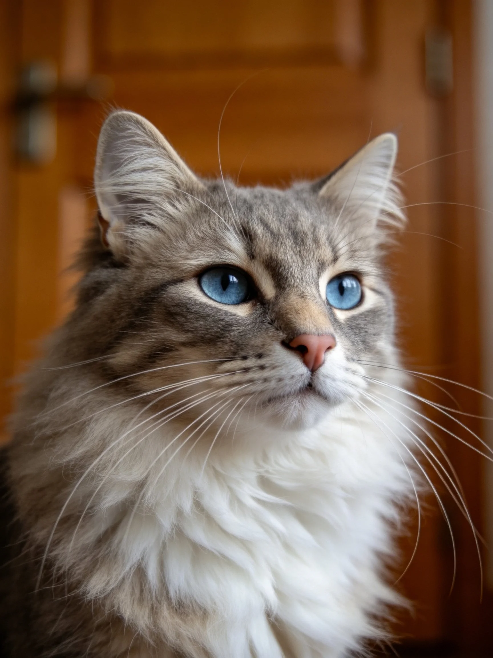 A fluffy gray and white cat with bright blue eyes looks attentively.