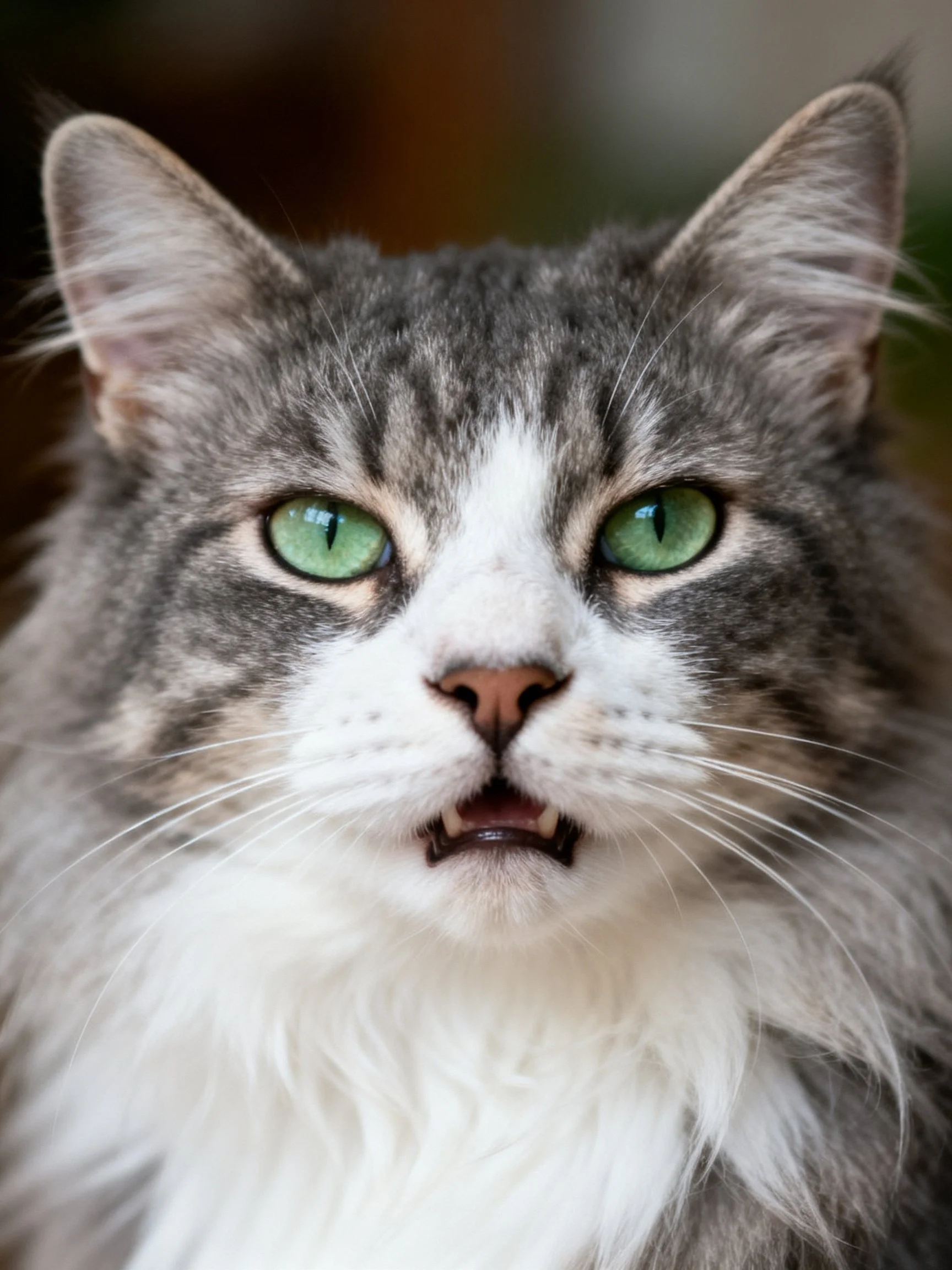 A fluffy gray-and-white cat with bright green eyes looks directly at the camera.