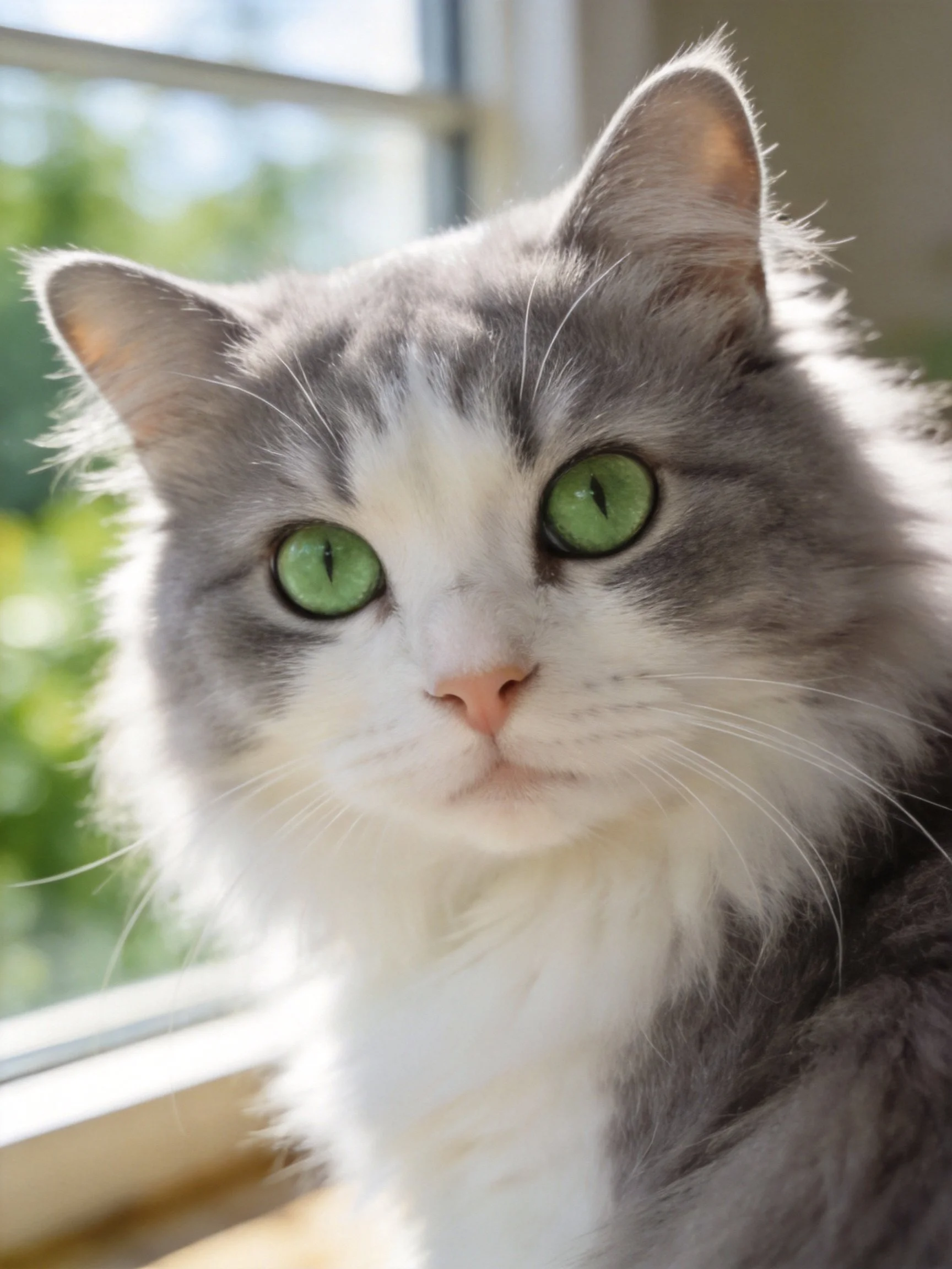 A gray-and-white cat with bright green eyes sits by a sunlit window.