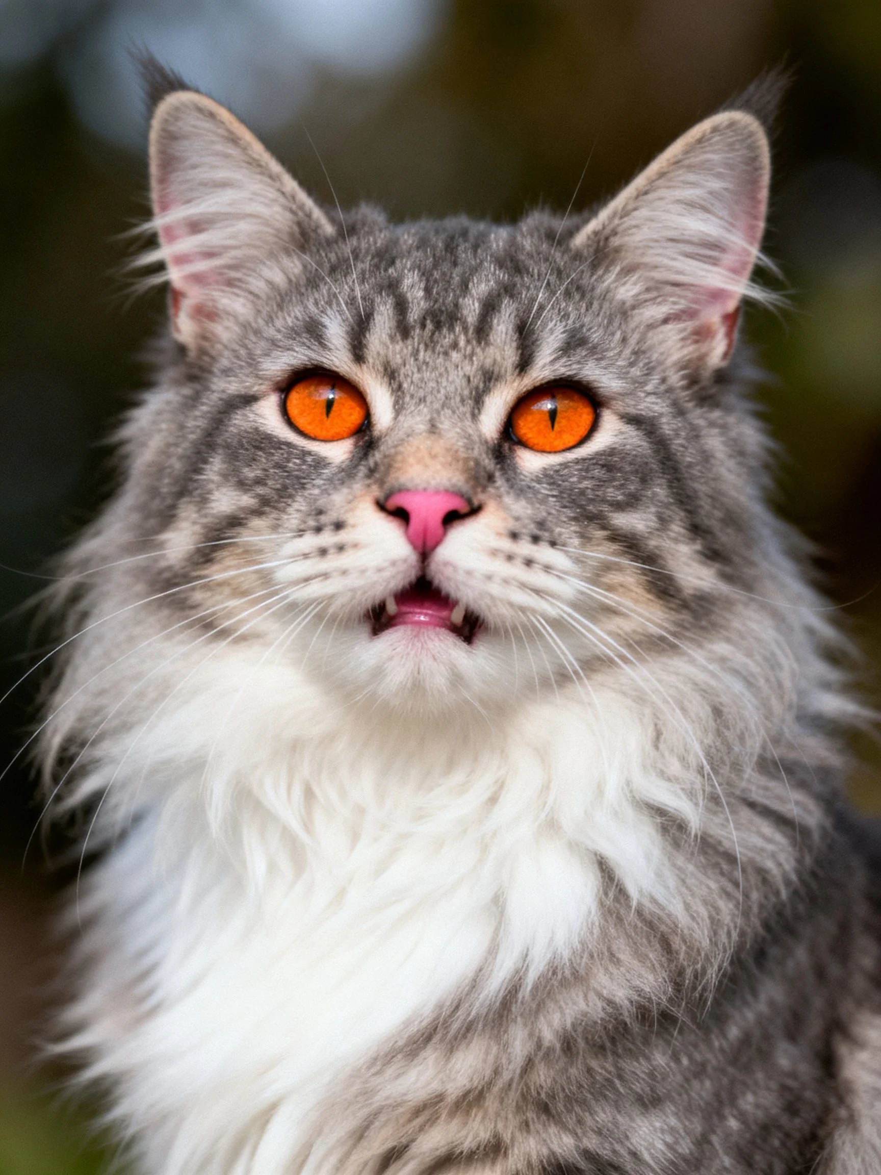 A fluffy gray and white cat with bright orange eyes looks directly ahead.