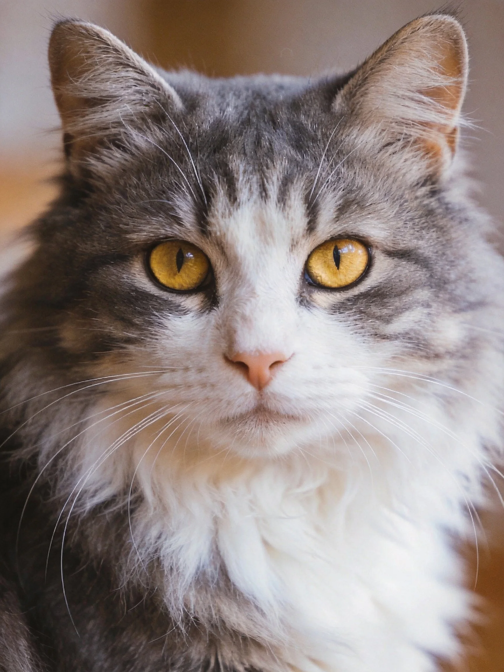 Close - up ofa fluffy gray-and-white cat with striking yellow eyes